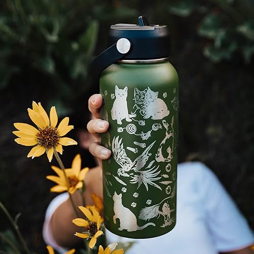 Miniatura 6 de Animal Rescue - Botella de agua con tapa con pajilla, acero inoxidable grabado de 32 onzas con correa, temática de mejores amigos, mascotas y