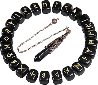 mookaitedecor Black Obsidian Runes Stones Set & 6 Facted Crystal Pendulum for Divination Dowsing Meditation Balancing