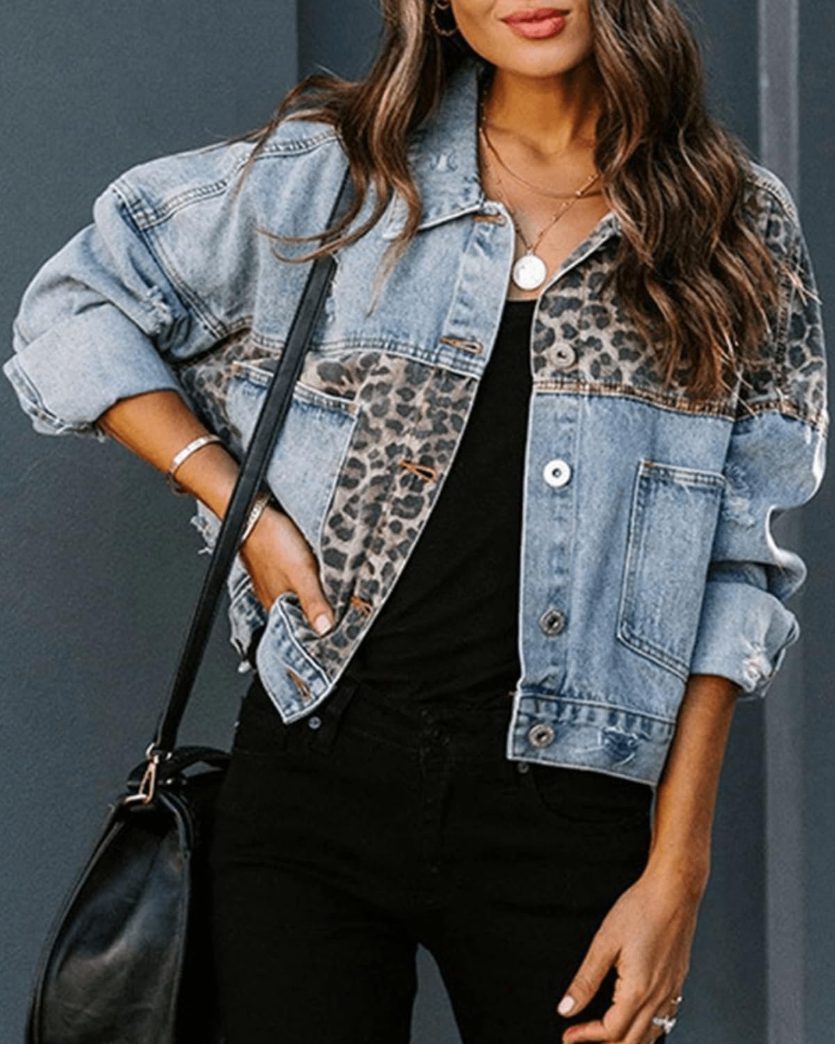 RINTONIX Womens Loose Button Down Cropped Distressed Leopard Denim Jackets Washed Long Sleeve Ripped Cheetah Jean Coat - Image 5