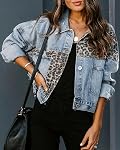 Womens Button Down Distressed Leopard Denim Jean Jacket Washed Long Sleeve Ripped Cheetah Jean Coat