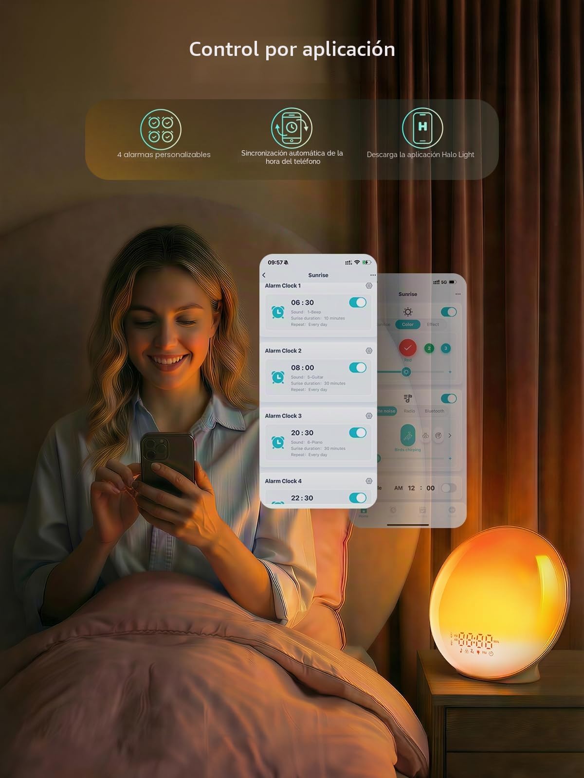 Reloj despertador de amanecer, luz de despertar con simulación de amanecer/atardecer, control de aplicación, 4 alarmas, calibración automática de tiempo, función de repetición, radio FM, 7 sonidos