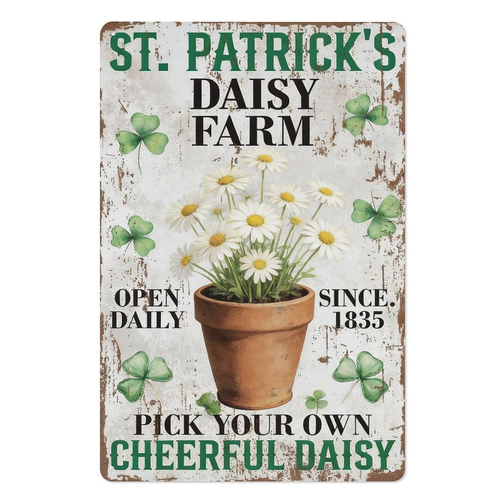 peiyeety St Patrick’s Day Metal Tin Sign 8x12 Inch, Daisy Farm Clover Potted Flower Vintage Pub Bar Wall Decor Plaque, Irish Holiday Wall Art