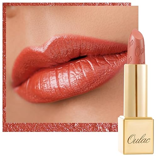 Oulac Lápiz labial naranja coral para mujer con brillo metálico 3D fórmula hidratante ligera, color labial de alto impacto, belleza vegana,