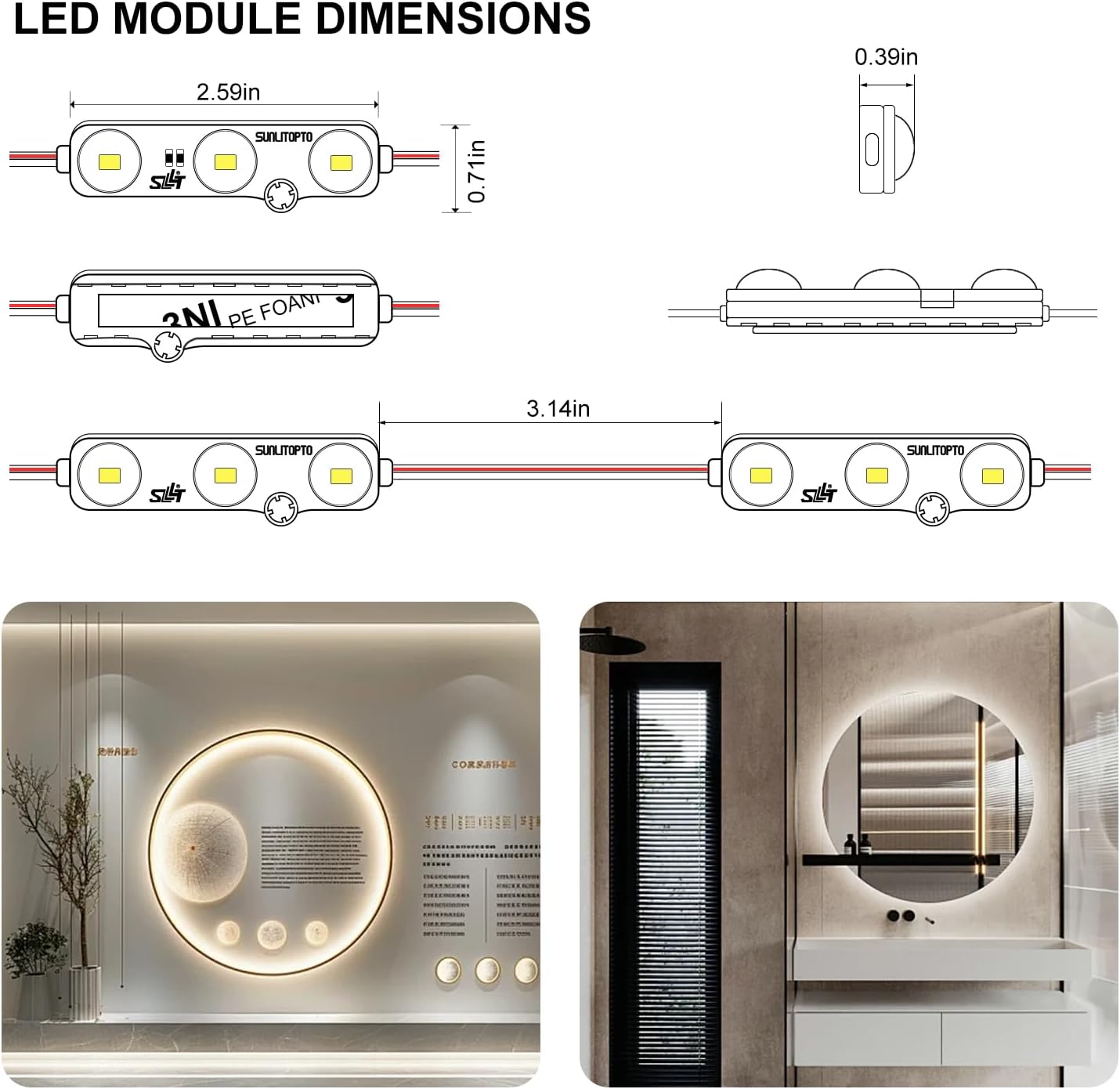 LED Module, Window Mirror Light White100pcs 50 Ft 2835 SMD LED Module Waterproof Light for Letter Sign Advertising Signs with Tape Adhesive Backside (White)