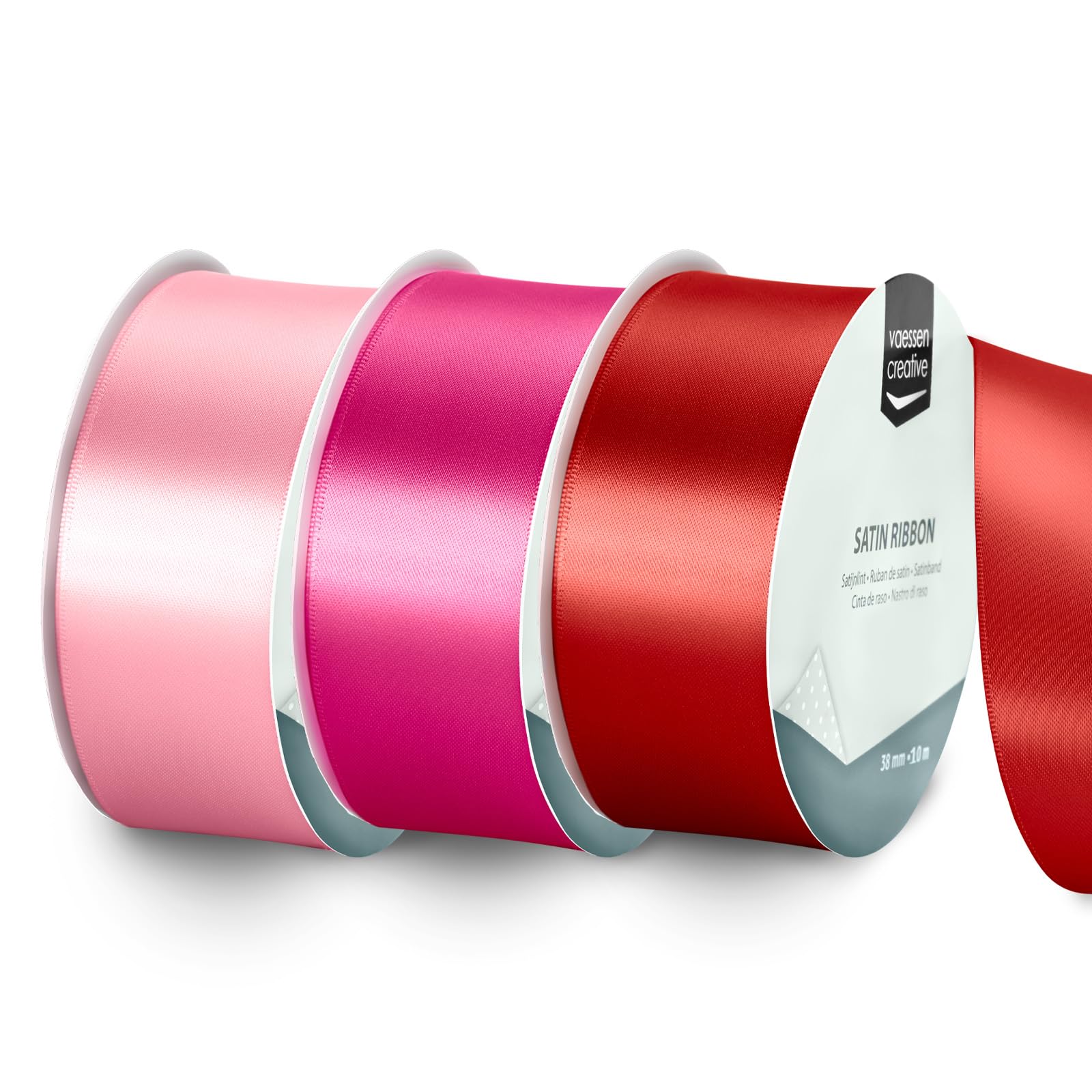 Vaessen Creative Satin Ribbon Set - 3 Valentine Colours of 32.8 ft x 1.5" - Red & Pink - Thin Ribbon for Gift Wrapping and Crafting, 10mx38mm
