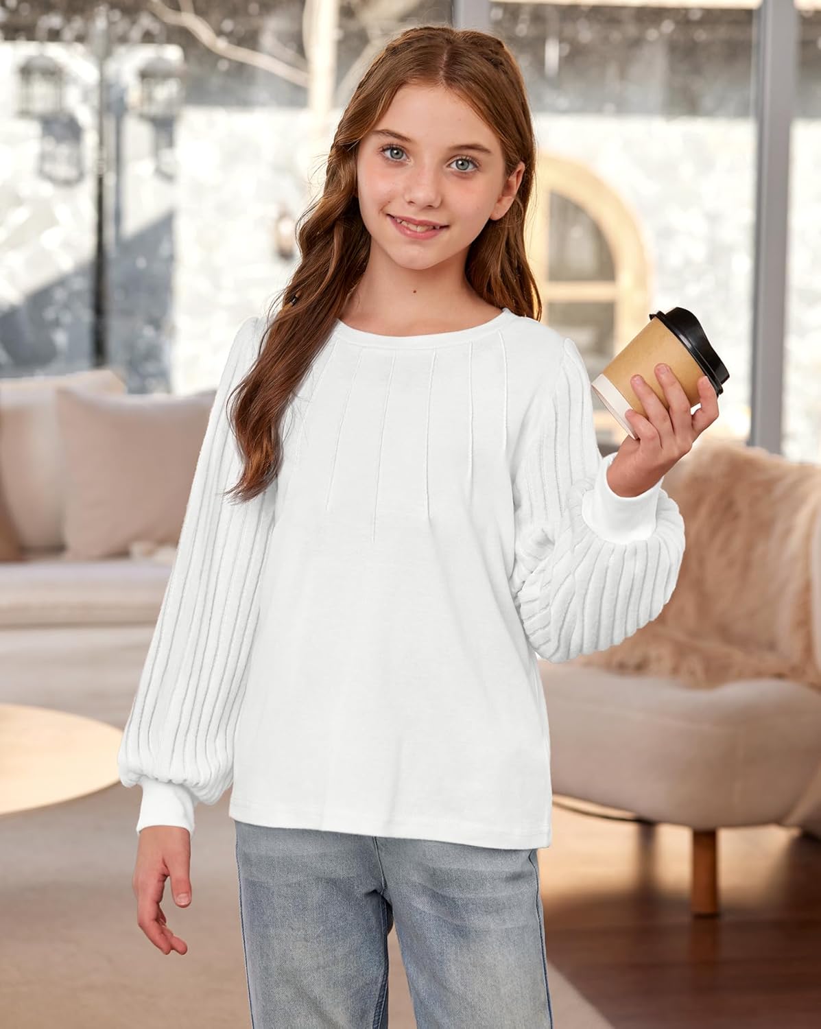 Girls Puff Long Sleeve Shirts Ribbed Knit Fall Blouse Pleated Solid Casual Tunic Top 6-14 Years - Image 6