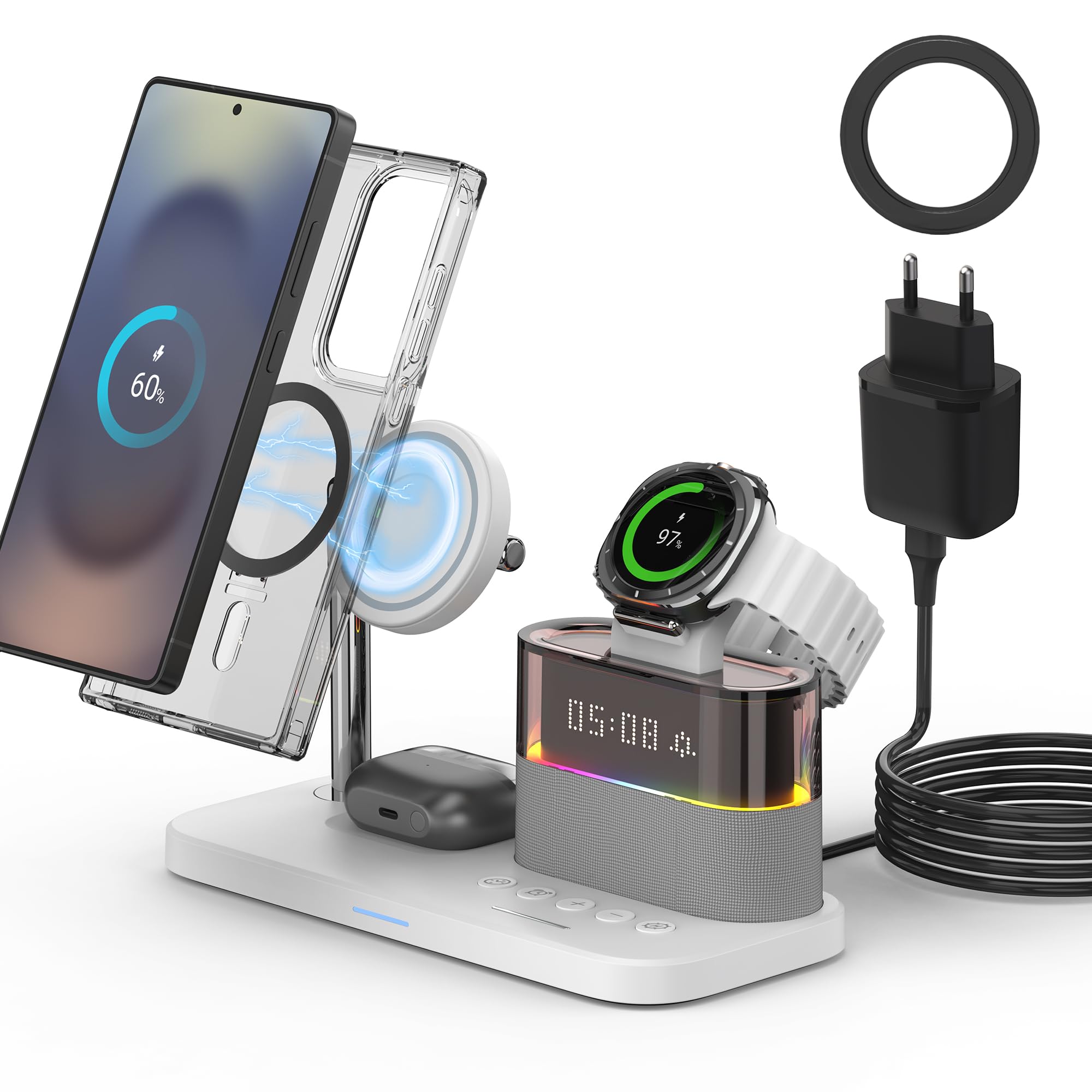 Chargeur sans Fil 3 en 1 pour Samsung/Android avec Anneau Magnétique, Station de Charge Induction pour Galaxy S25/S24/S23/S22, Montre et Buds, Support de Charge avec Réveil et Adaptateur QC 3.0