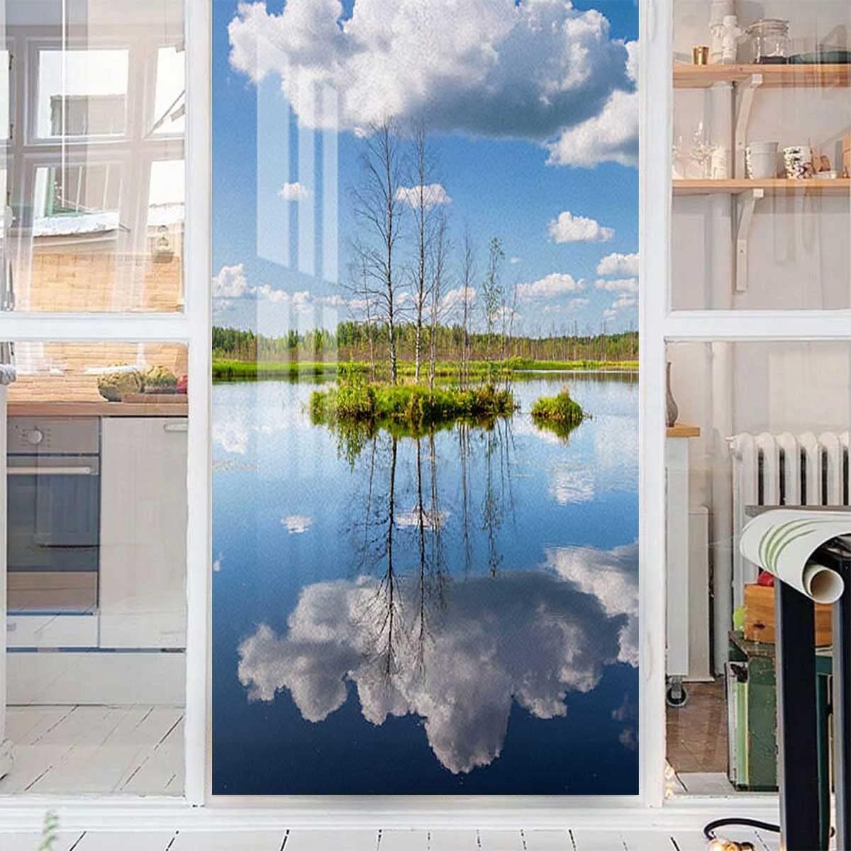 Decorative Film Privacy Window Film Stained Glass Film No Glue Anti-UV Removable Window Cling Non-Adhesive Window Privacy Film Reflections on Water View Blue 23.6Wx59L-inch
