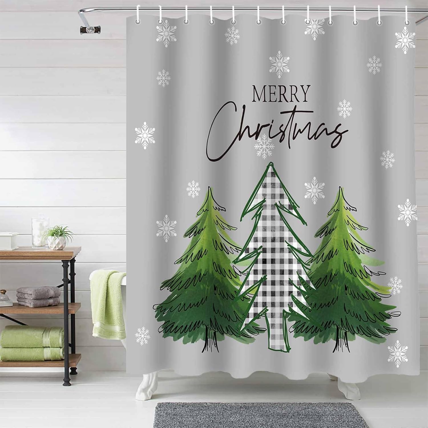 Merry Christmas Tree Fabric Shower Curtain for Bathroom,Watercolor Buffalo Plaid Green Custom Shower Curtain Set with Hooks,Luxury Bathroom Curtains,Waterproof Polyester Bathroom Accessories,72x96inch