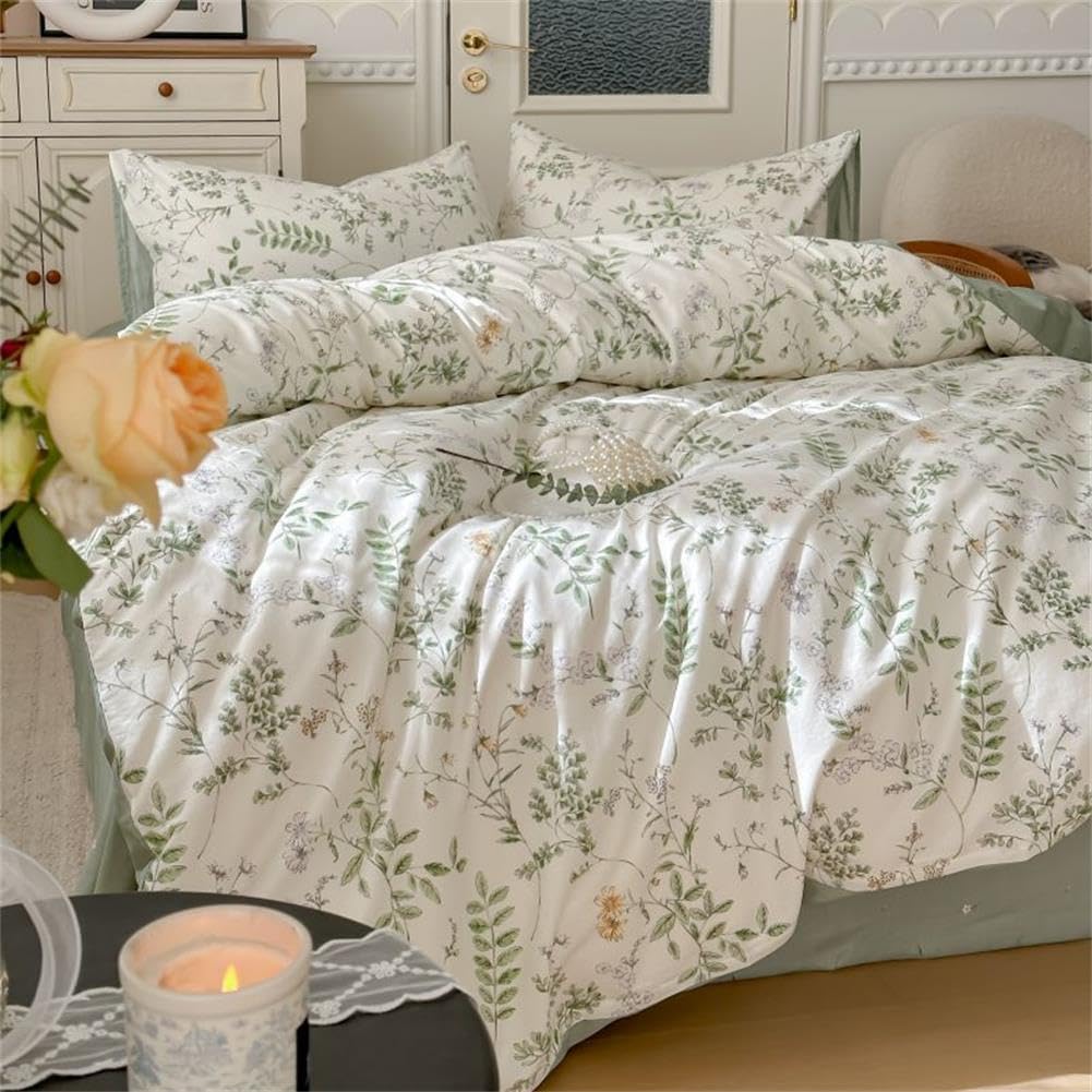 Sedefen Floral Duvet Cover Queen Size Green Romantic Flower Bedding Set for Kids Girls 3 Pieces Spring Garden Botanical Cotton Soft Breathable Comforter Cover with Zipper Closure & Corner Ties