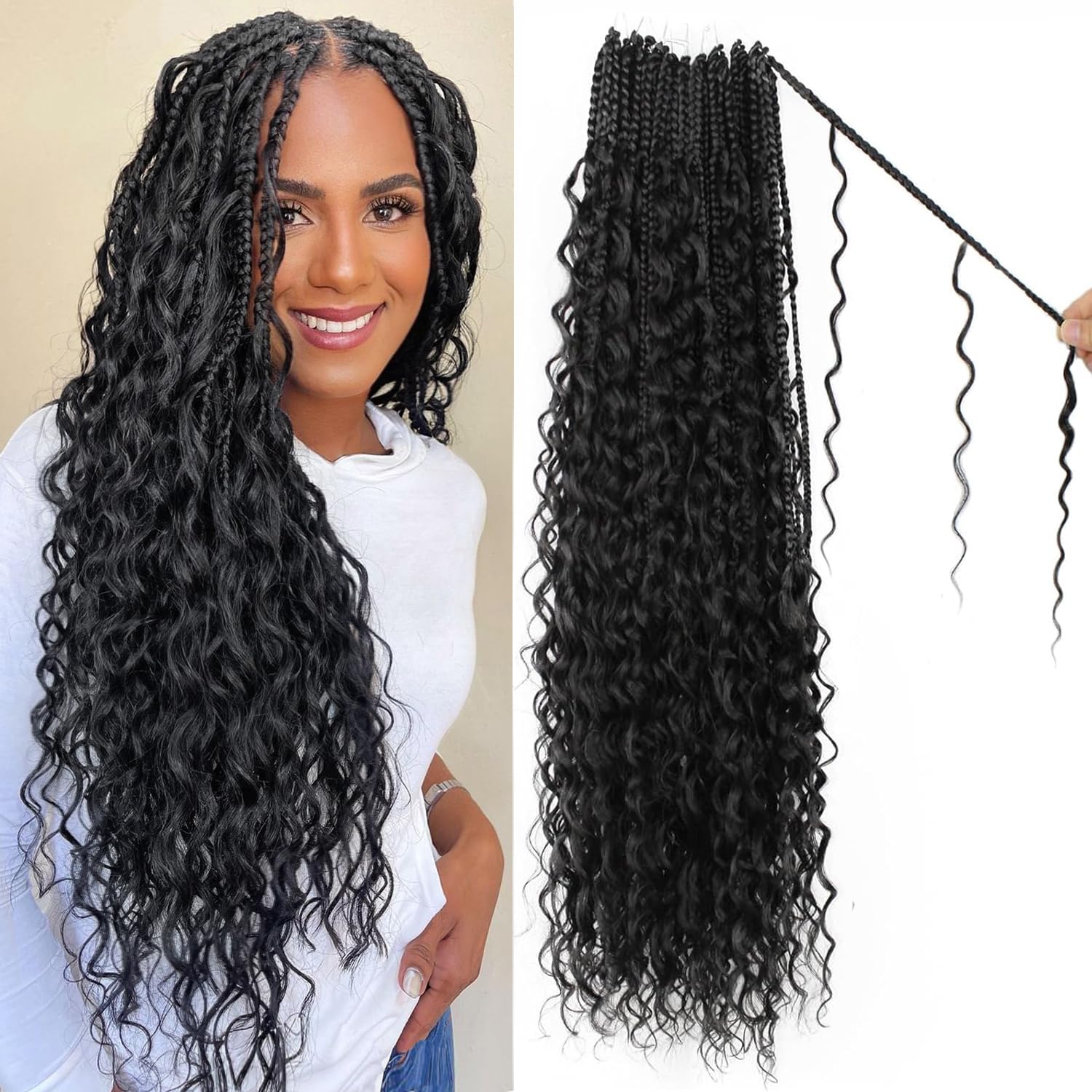 Boho Crochet Braids Pure Protein Fiber Close to Human Hair 24 Inch Goddess Box Braids with Soft Curls Bohemian Braids Crochet Hair for Black Women (