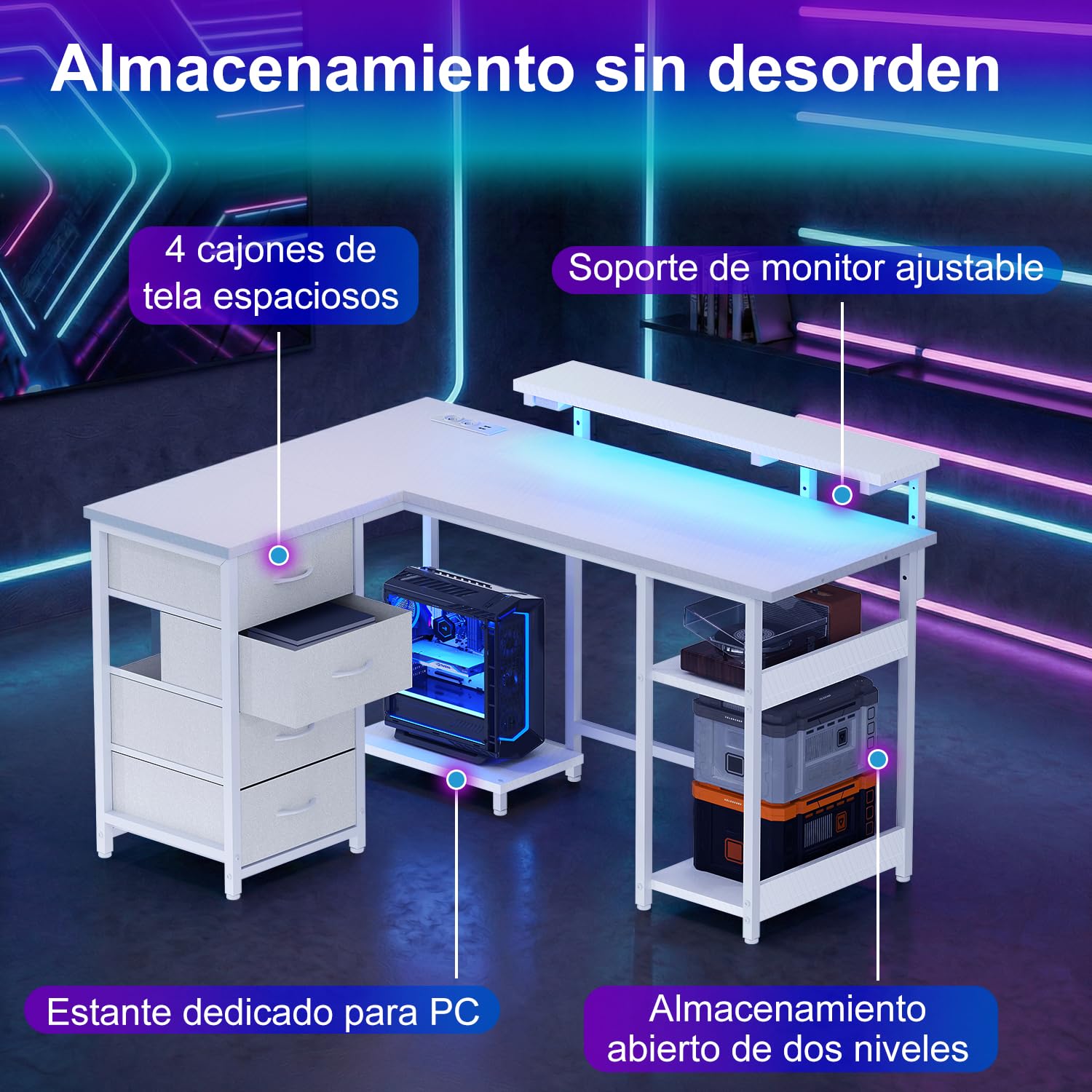 JUMMICO 135cm Mesa en Forma L con Luces LED, Escritorio de Esquina Ordenador para Home Office, Mesa Gaming con Estantes de Almacenamiento, Esquina Reversible y Estructura Estable, Blanco Carbón | Escritorio Gaming Tomas de Corriente y Puertos USB, Escrito