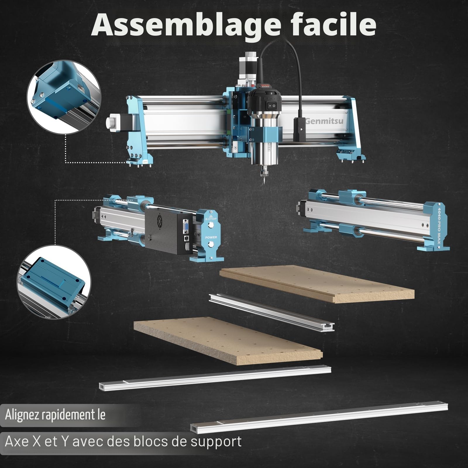 Genmitsu Fraiseuse CNC 4040-PRO MAX pour fraisage du bois, du métal et de l'acrylique, contrôle GRBL, machine à graver 3 axes avec toupie de 710 W et entraînement sur rail linéaire