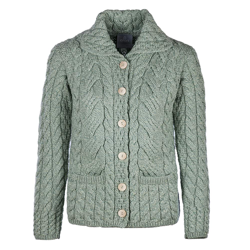 Aran Mills Ladies 6 Button Cable Merino Wool Cardigan Sage Green - Large