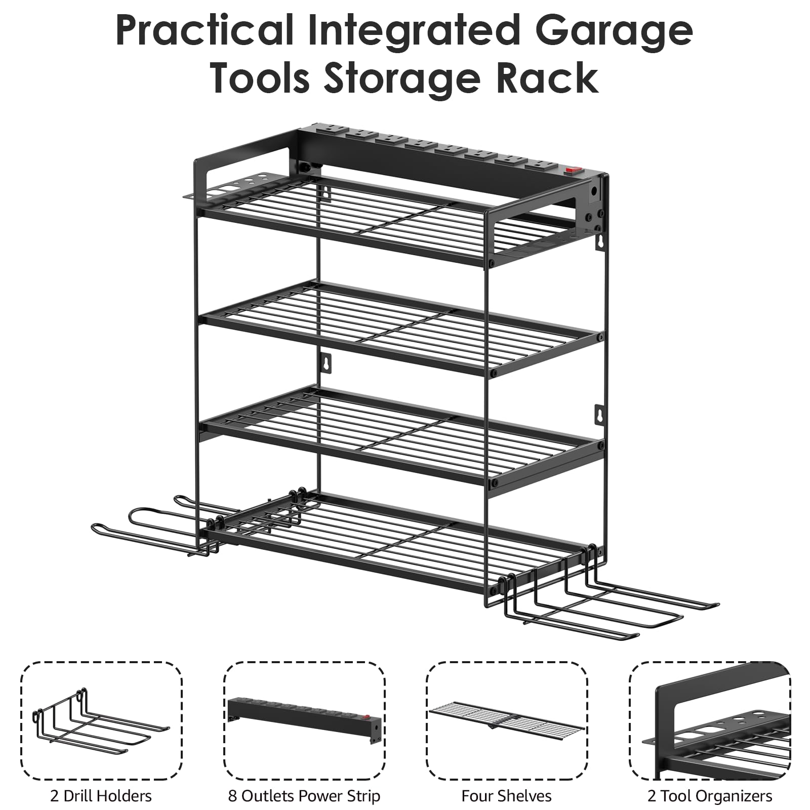 HOSO Power Tool Organizer With Charging Station – Wall Mounted Garage Shelf, 4 Drill Holders + 1 Grinder Holder, 8-Outlet Power Strip (UL Listed, 1875W)