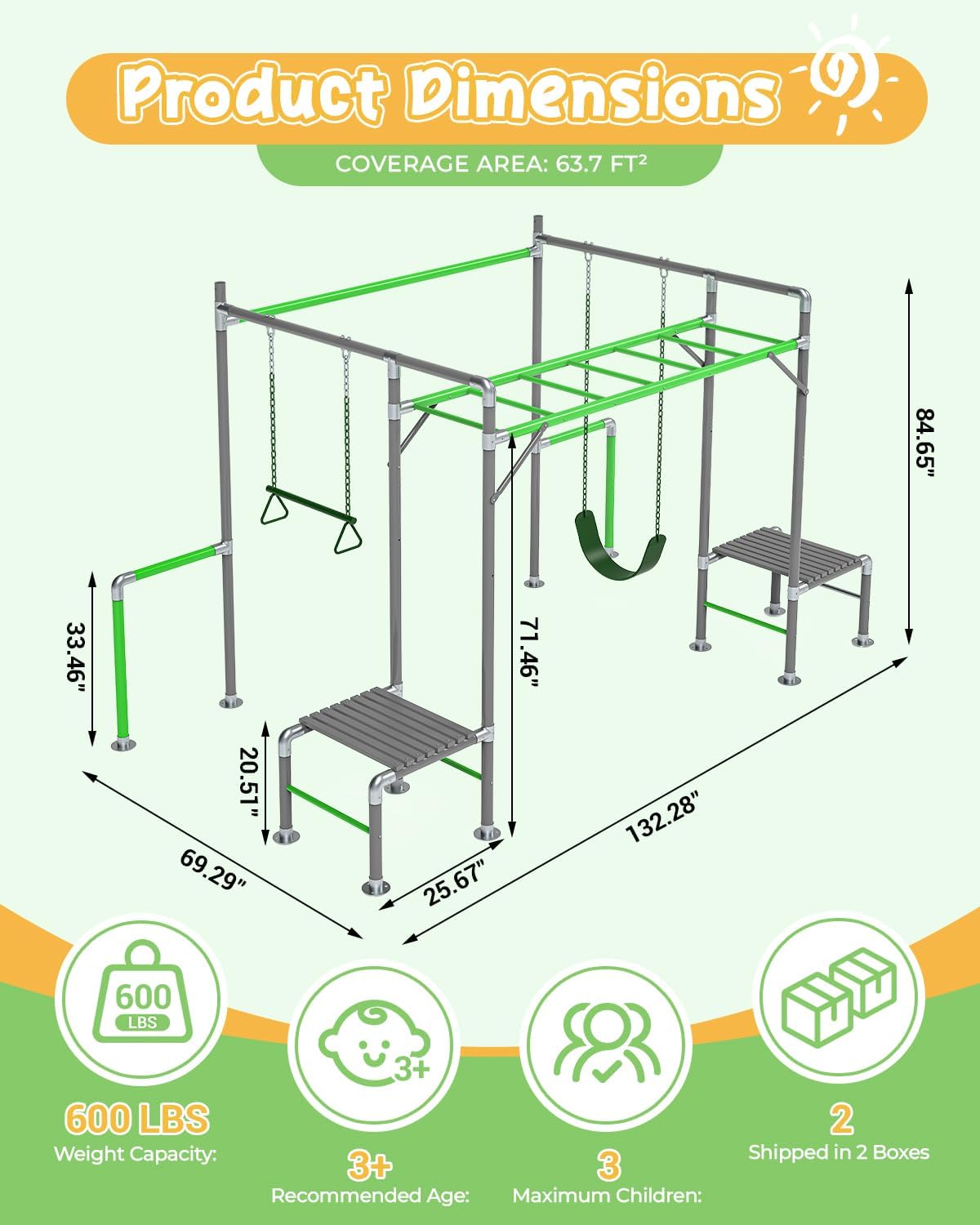 Outdoor Jungle Gym with Monkey Bars Frame, Climbing Set, Trapeze Swing Bar, Belt Swing, Kids Gymnastics Bars, Playground Set with Powder Coated Galvanized Steel for Backyard, Garden, Grass