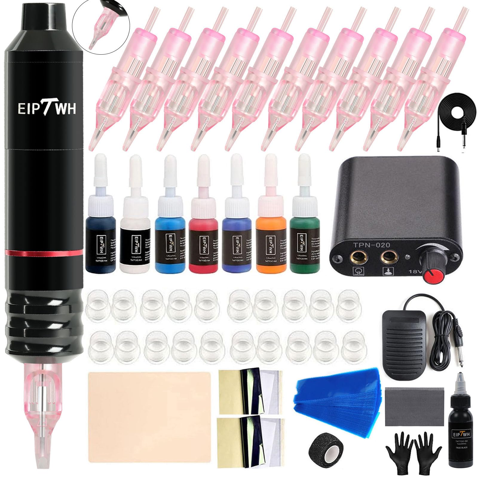 Kit de Tatuaje Rotativo para Principiantes,10pcs Agujas de Tatuaje Set de 7 Colores de Tintas de Tatuaje,Kit de Máquina de Tatuaje para Artistas del Tatuaje