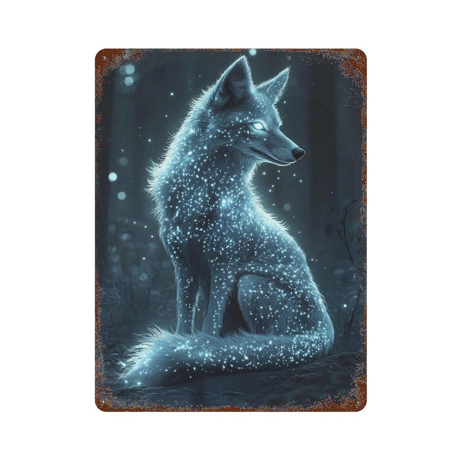 Rust Effect Enchanted Glowing Wolf in Forest Aged Metal Wall Plaque 15.7"x11.8", Shabby Chic Decor for Living Room, Hallway And Home Decor