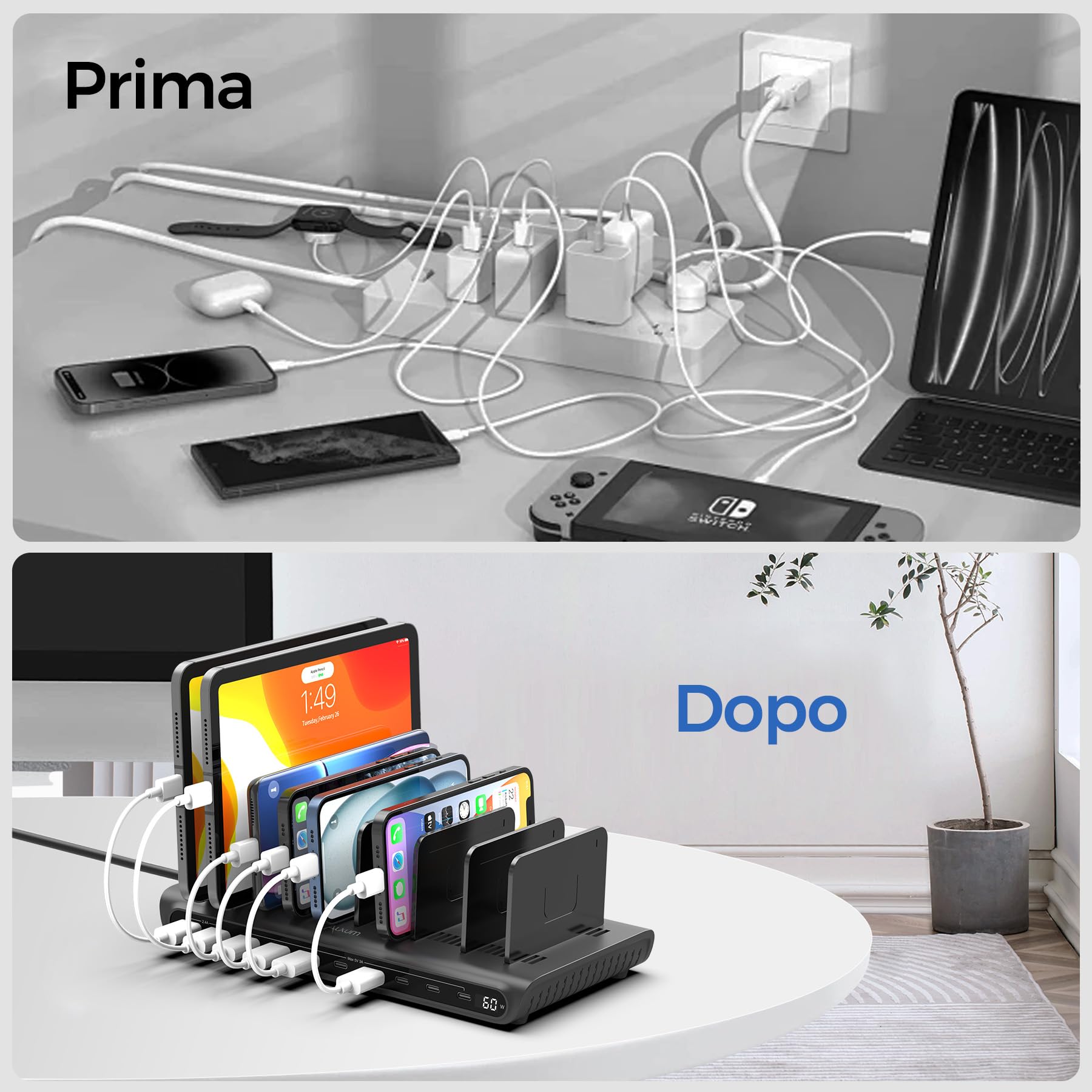 Alxum Stazione di Ricarica USB 10 Porte 60W, Multi Caricatore USB con Display LED, 8×USB-C e 2×USB-A, Smart Charging Station per iPhone, iPad, Phone, Tablet, Android, Ideale per Casa, Ufficio e Scuole