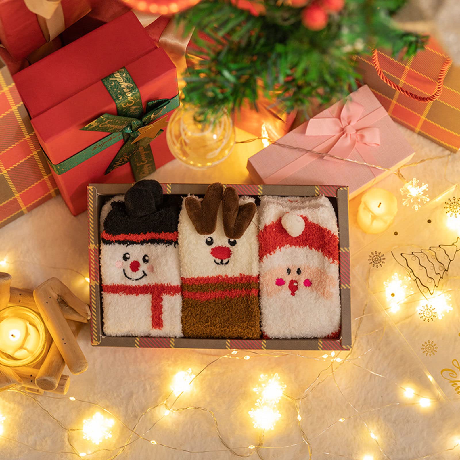 NIBHZ Bonitos Calcetines de Animales en 3D con Caja de Regalo, Calcetines de Lana de Coral, Calcetines Gruesos de Invierno con Bordado de Dibujos Animados, Regalo de 3 Pares,ChristmasD-OneSize