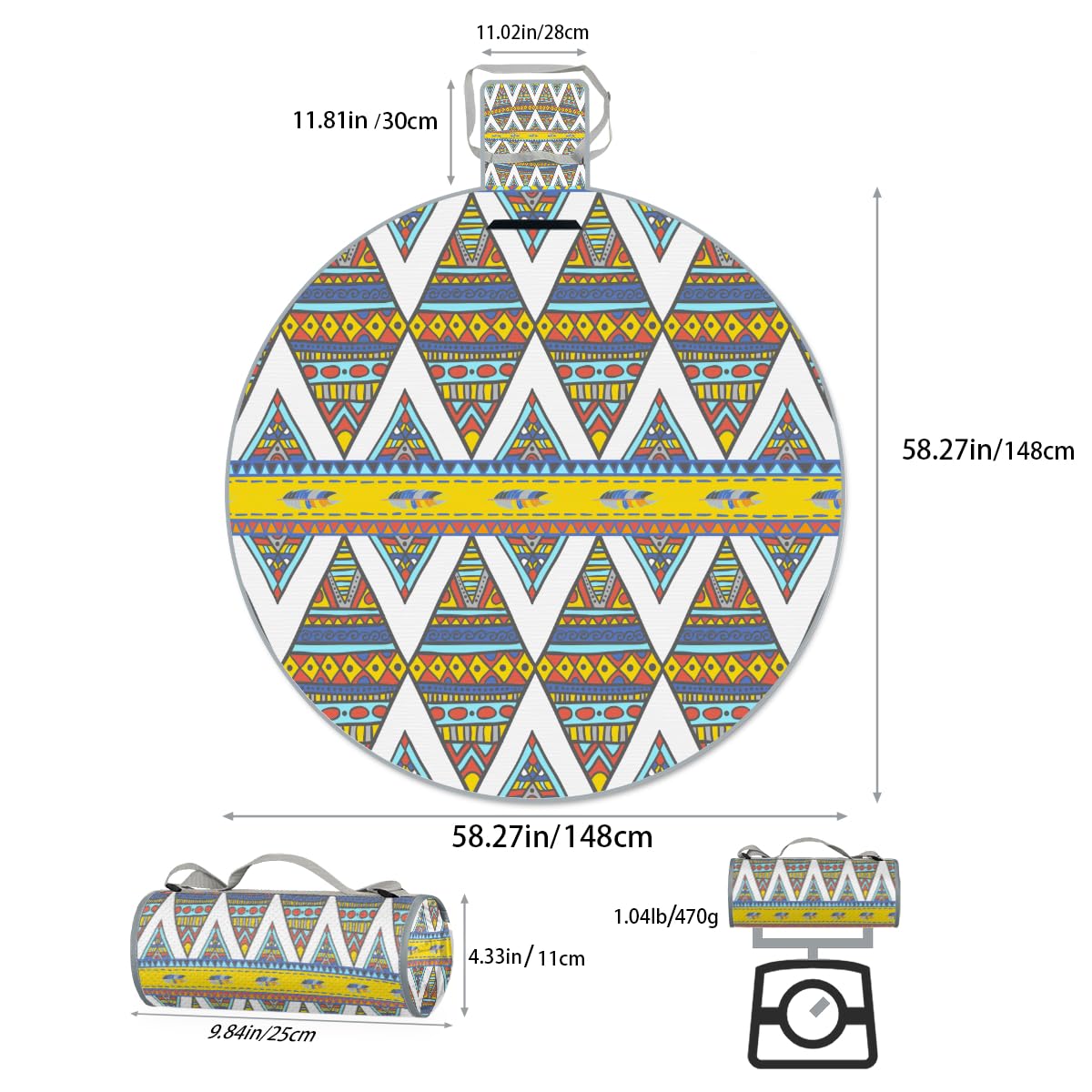 Shimoshe Ethnic Tribe Geometric Pattern Picnic Outdoor Blanket Foldable Waterproof Sandproof Beach Blanket Portable Water-Resistant Round Picnic Mat for Travel Camping Park Lawn