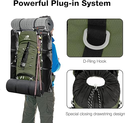 Miniatura 5 de Mochila de senderismo impermeable de 60L con cubierta de lluvia para hombres y mujeres, mochila de camping grande, verde