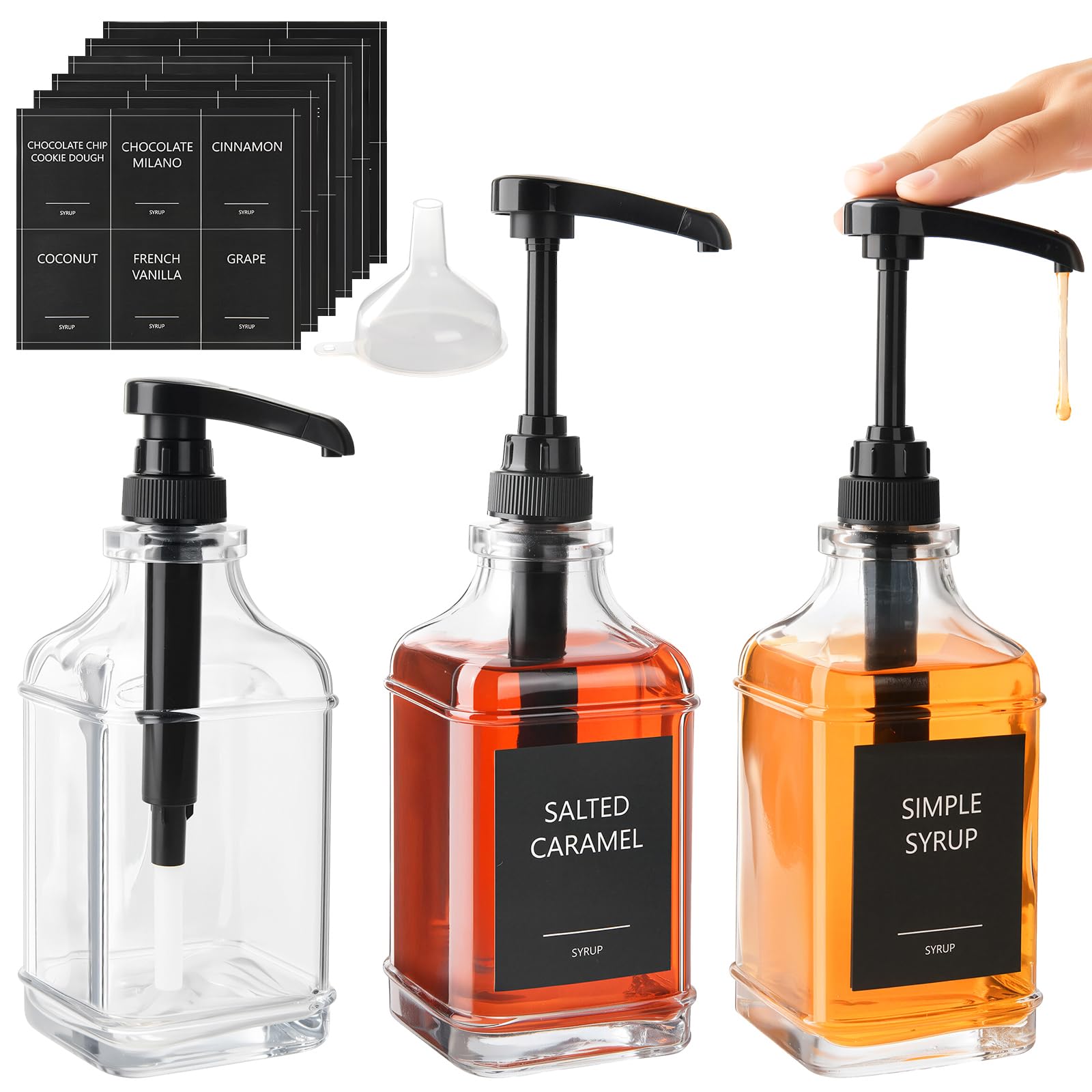YBCPACK Juego de 3 dispensadores de jarabe de café de cristal, 500 ml, antigoteo, jarabe con etiquetas, jarabe para rellenar café y cocina