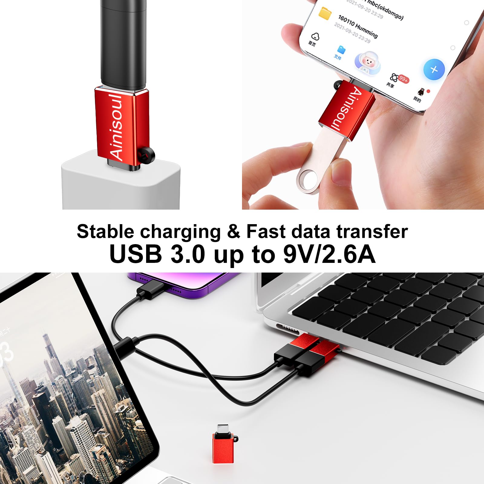 Adaptery USB C, 8 sztuk, adapter USB C na USB A, USB C męski na USB 3.0 żeński, adapter USB C na USB, konwerter kabli USB C na USB do iPhone'a 15, MacBooka Pro, iPada Pro i innych, czerwony