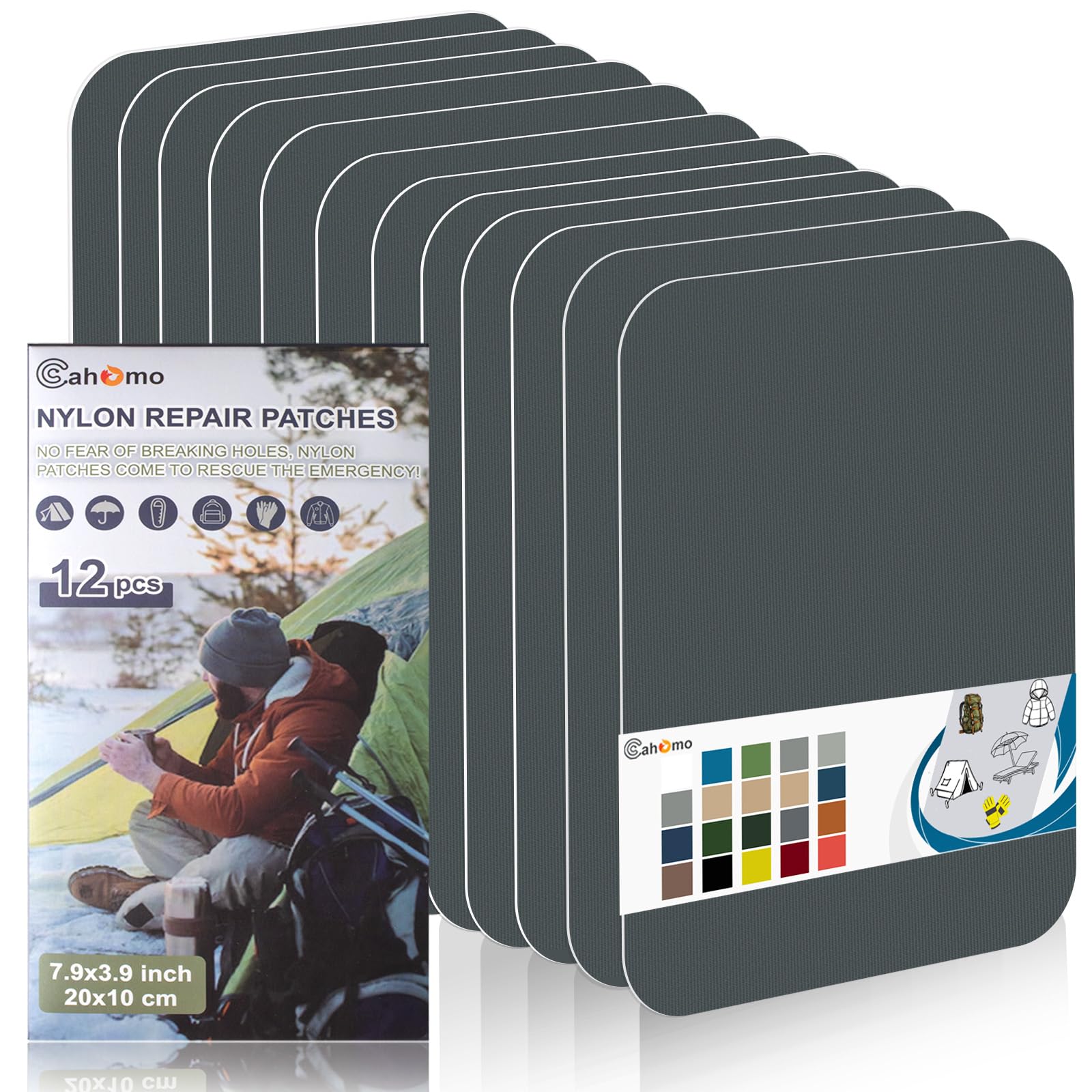 Nylon Repair Patches 20x10 cm 12 pcs Nylon Repair Tape Nylon Fabric Patch Self Adhesive Outdoor Camping Gear Nylon Repair Kit for Tent, Umbrella, Down Jackets, Sleeping Bag, Knapsack （Dark Gray）