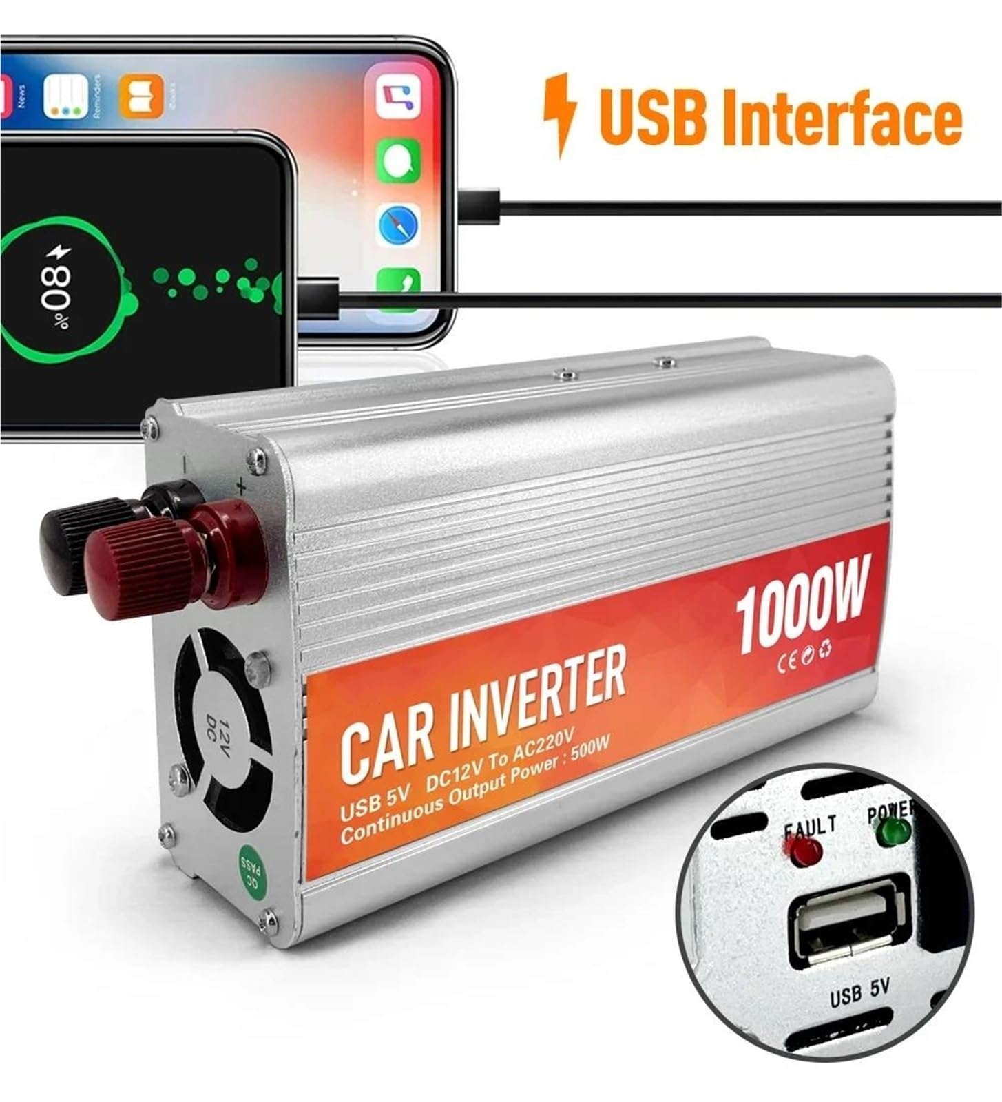 Power Inverter Inverter per Auto 12V 220V Convertitore di Potenza CA con 5V USB Onda Sinusoidale Inverter Caricabatterie Attrezzatura di Conversione Auto Convertitore di Potenza(1000W)