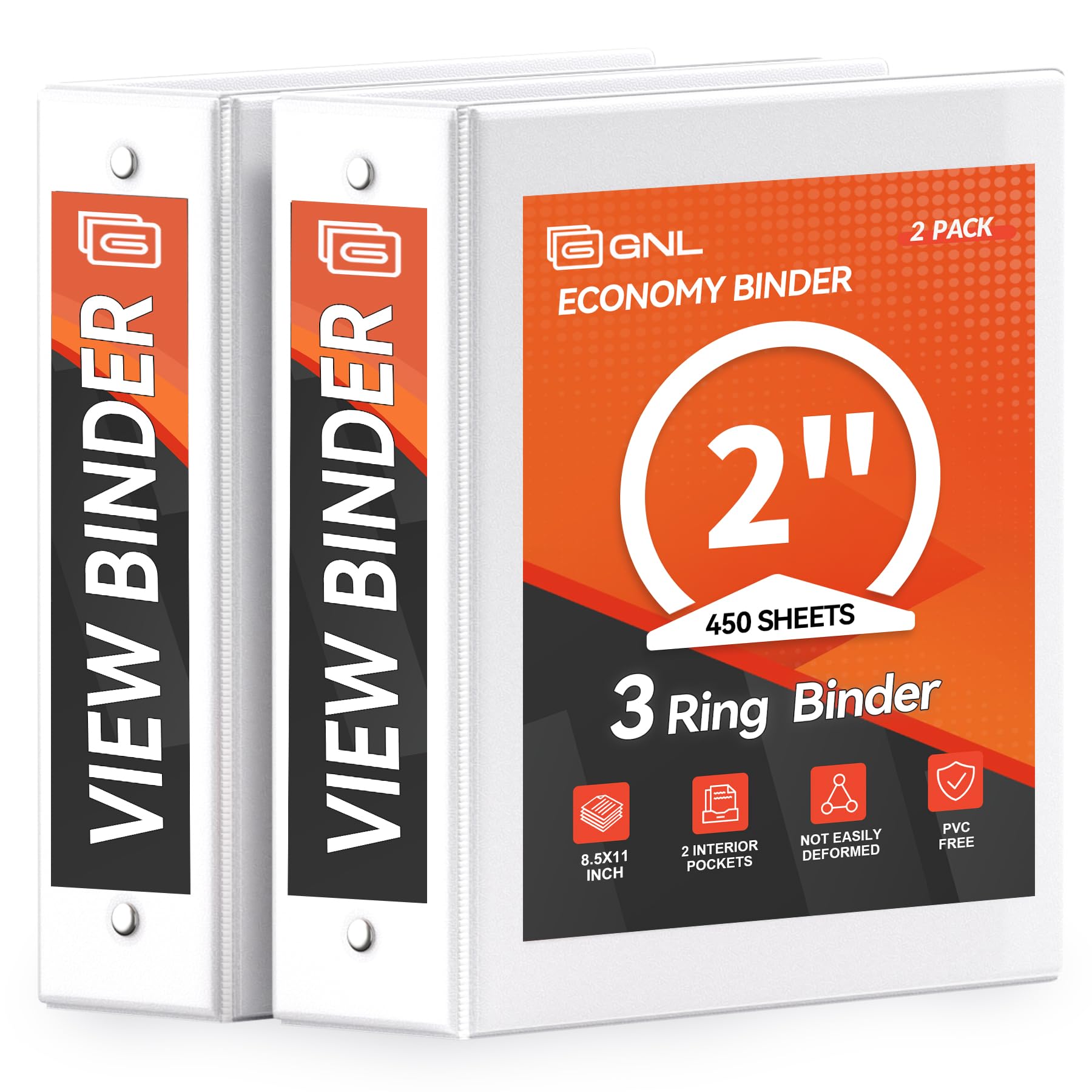 GNL 2 Inch 3 Ring Binders, 450-Sheet Capacity, Clear View Cover, PVC-Free & Non-Stick, Fits 8.5"x11" Paper, White Binders, 2 Pack, Office & School