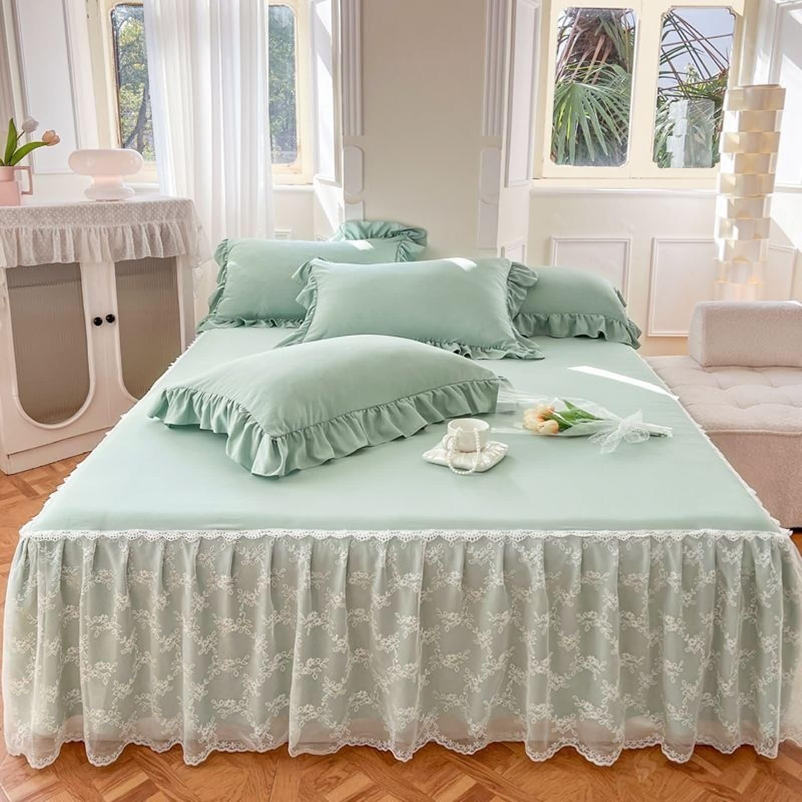 AMDXD 150 x 200 cm, gonna sottile in pizzo, con arricciature, tinta unita, verde, comfort per il sonno, in poliestere, sotto il letto, protezione per letto a molle e topper