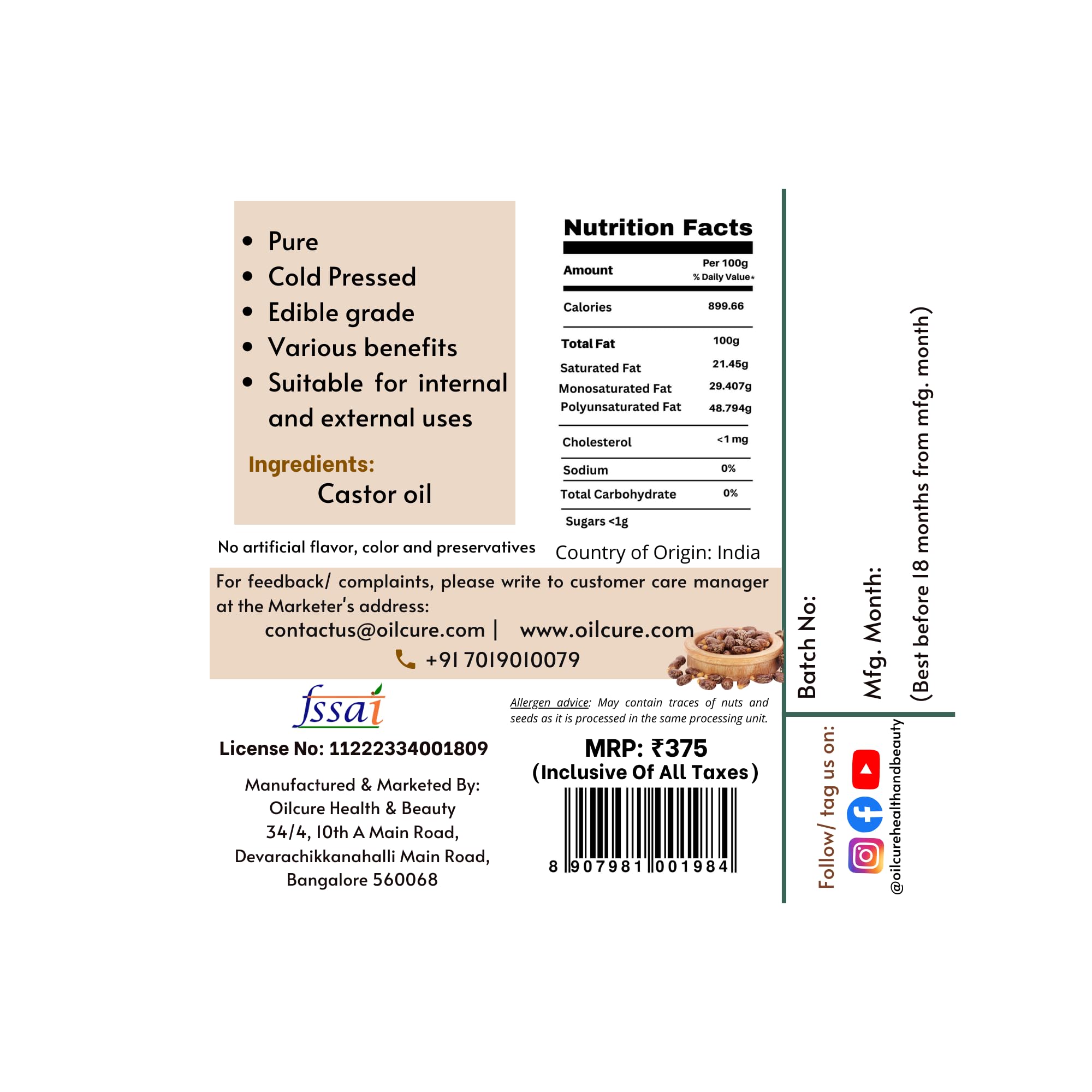 Oilcure Castor Oil Cold Pressed - 500 ml - Image 2 thumbnail