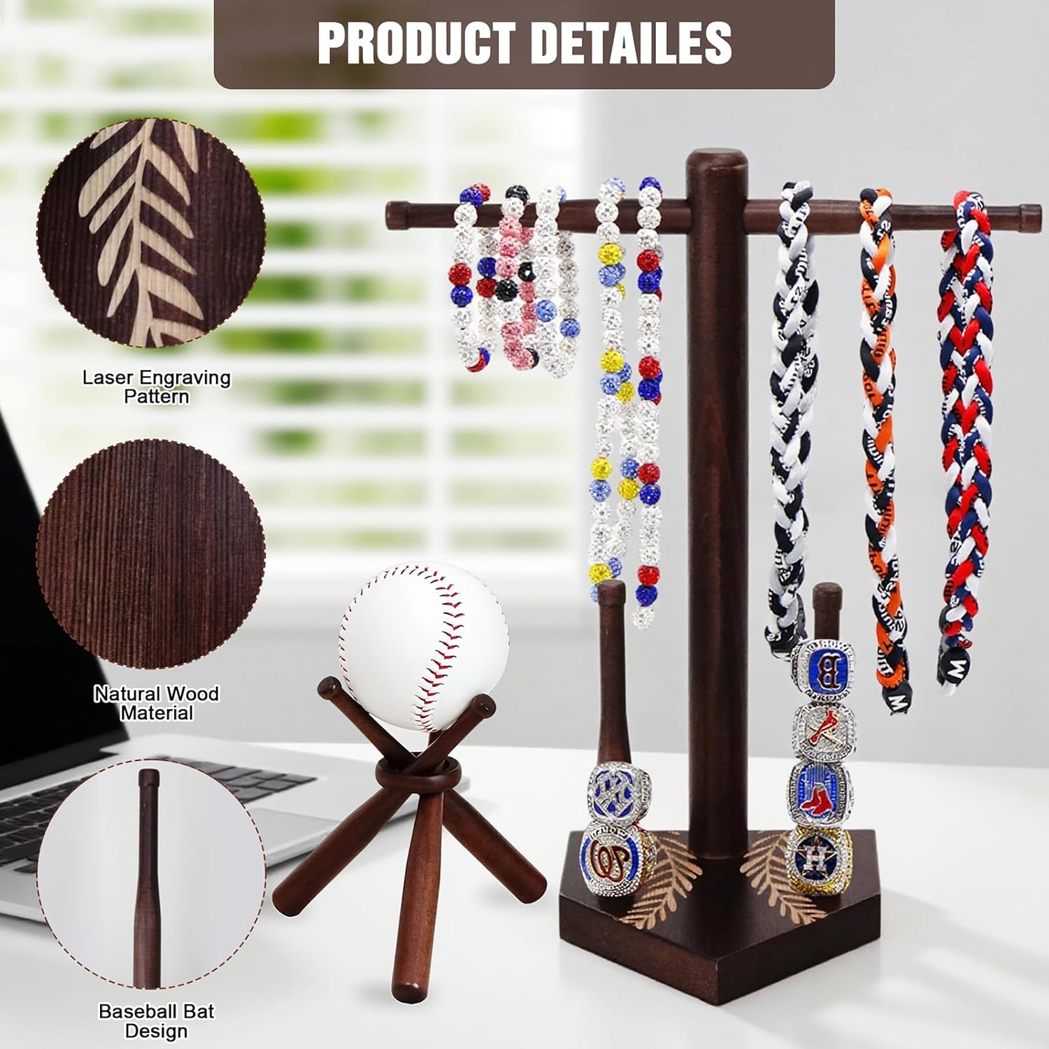 SkillDance Wooden Baseball & Softball Ring and Necklace Holder, Championship Ring Display with Baseball Stand, 3-in-1 Home Plate Baseball Jewelry Organizer, Gift for Baseball Players & Fans - Image 4