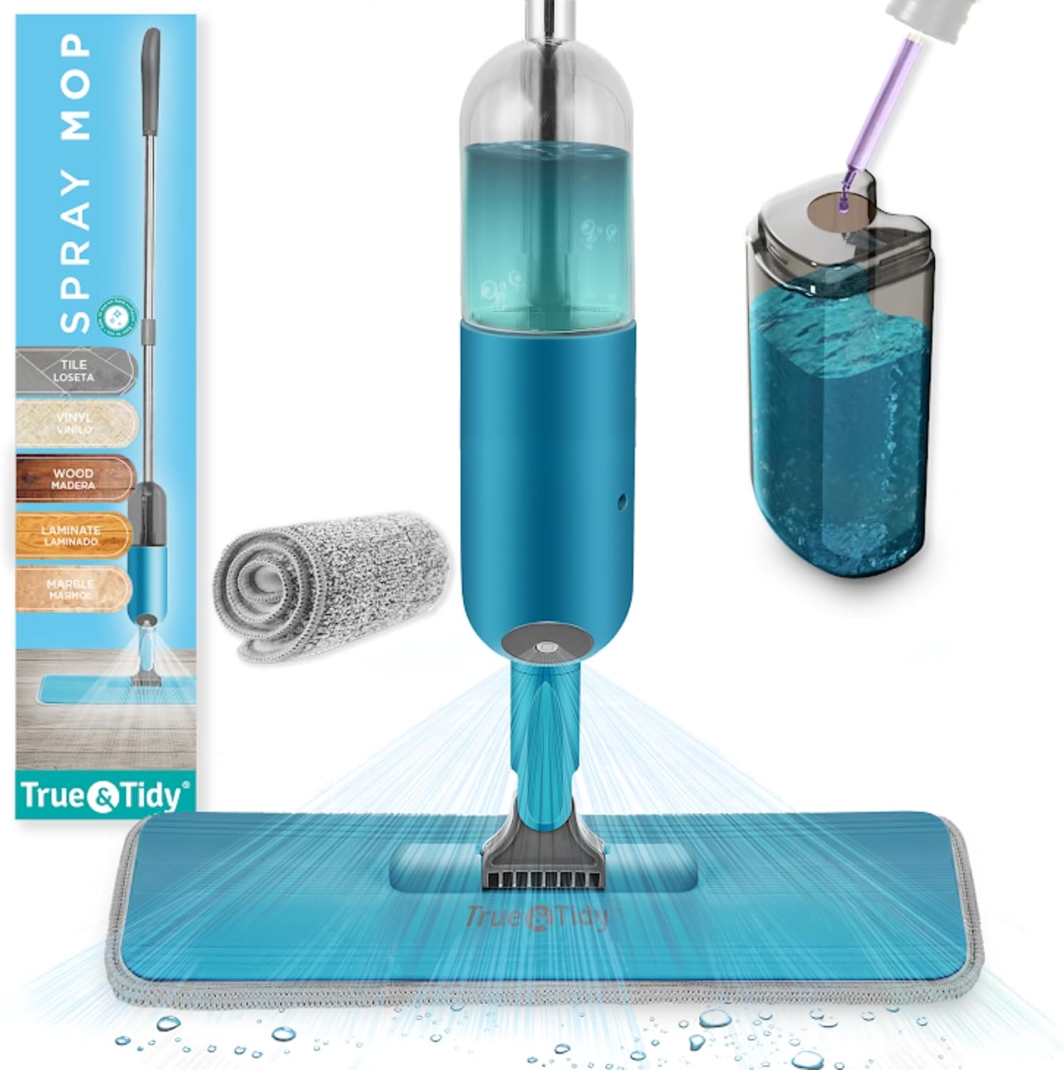 True & Tidy® SPRAY-250 Multi-Surface Spray Mop with Refillable Water Bottle for Floor Cleaning, Works on Wood, Tile, Marble etc, Use Any Cleaning Solution, Machine Washable Microfiber Mop Pads, Blue