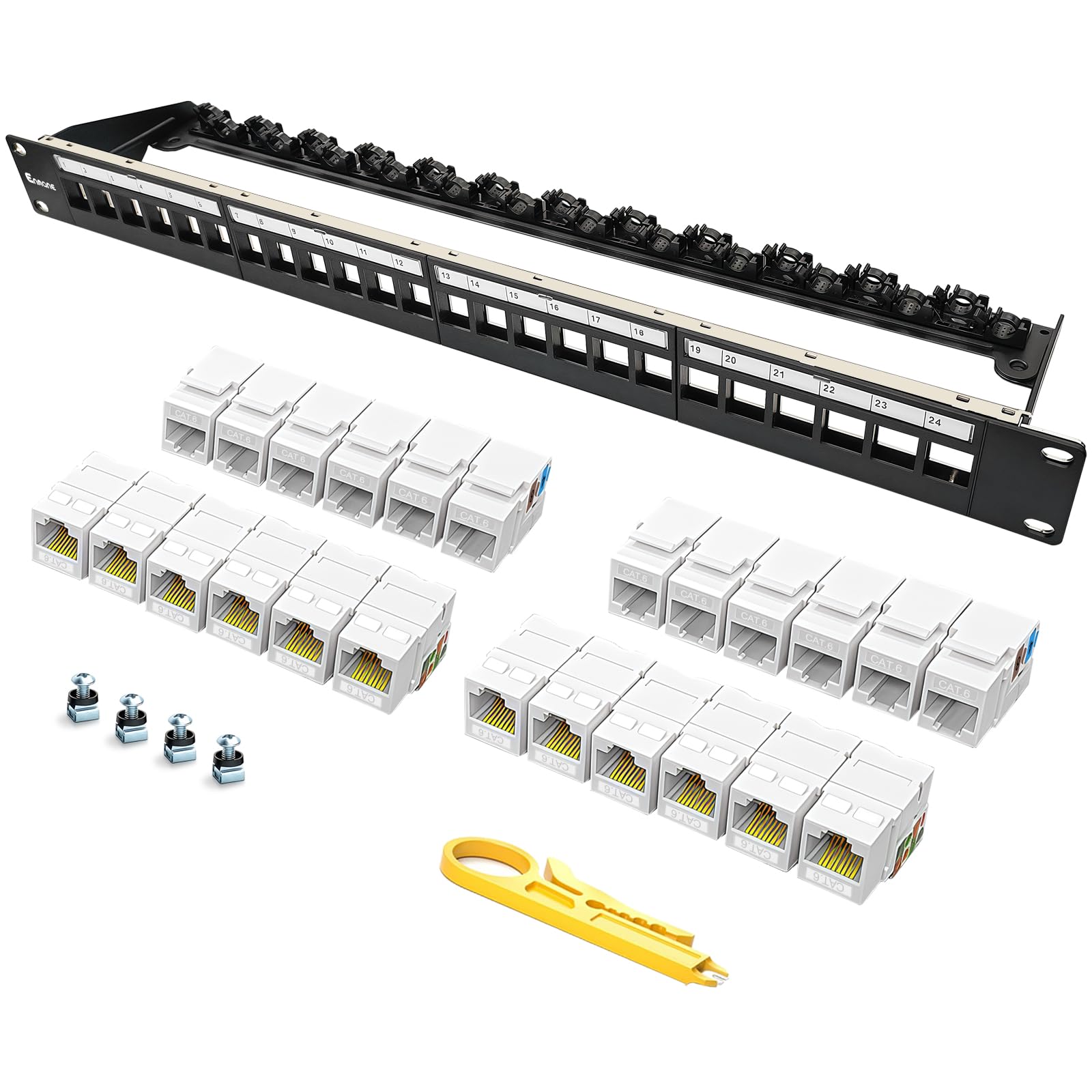 Panneau de brassage 24 ports Cat6 Keystone Jack coudé à 90° Ethernet Punch Down pour rack 1U 19" panneau de brassage réseau avec barre de support de câble