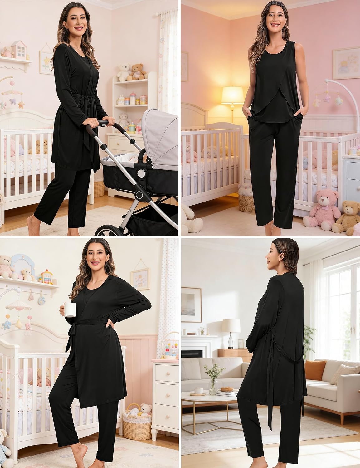 SWOMOG Maternity Nursing Robe Set 3 PCS Postpartum Breastfeeding Pajamas Hospital Pregnancy Pjs Double Layer Lounge Set