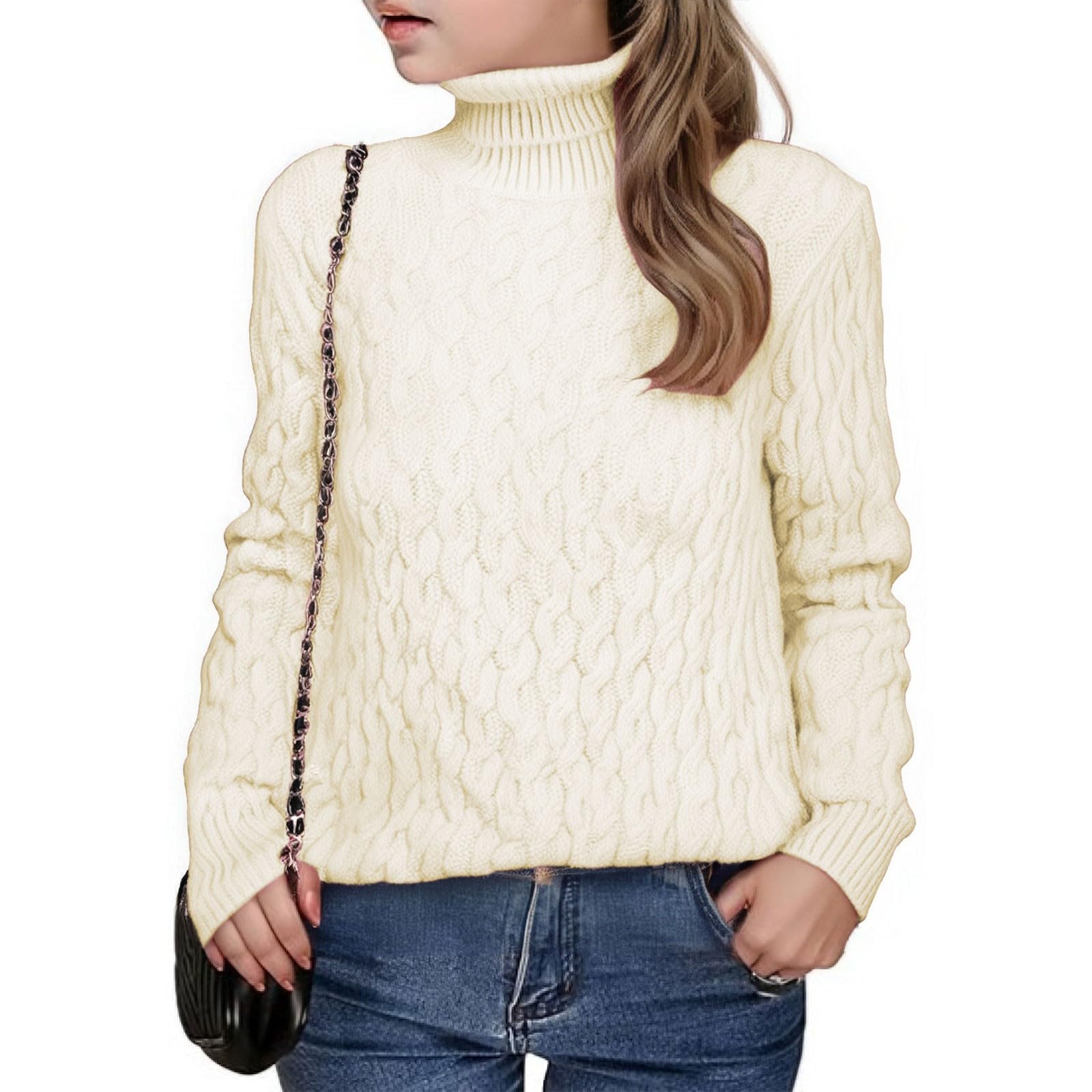 Jersey básico de invierno para niña, cuello alto, patrón trenzado, parte superior de punto
