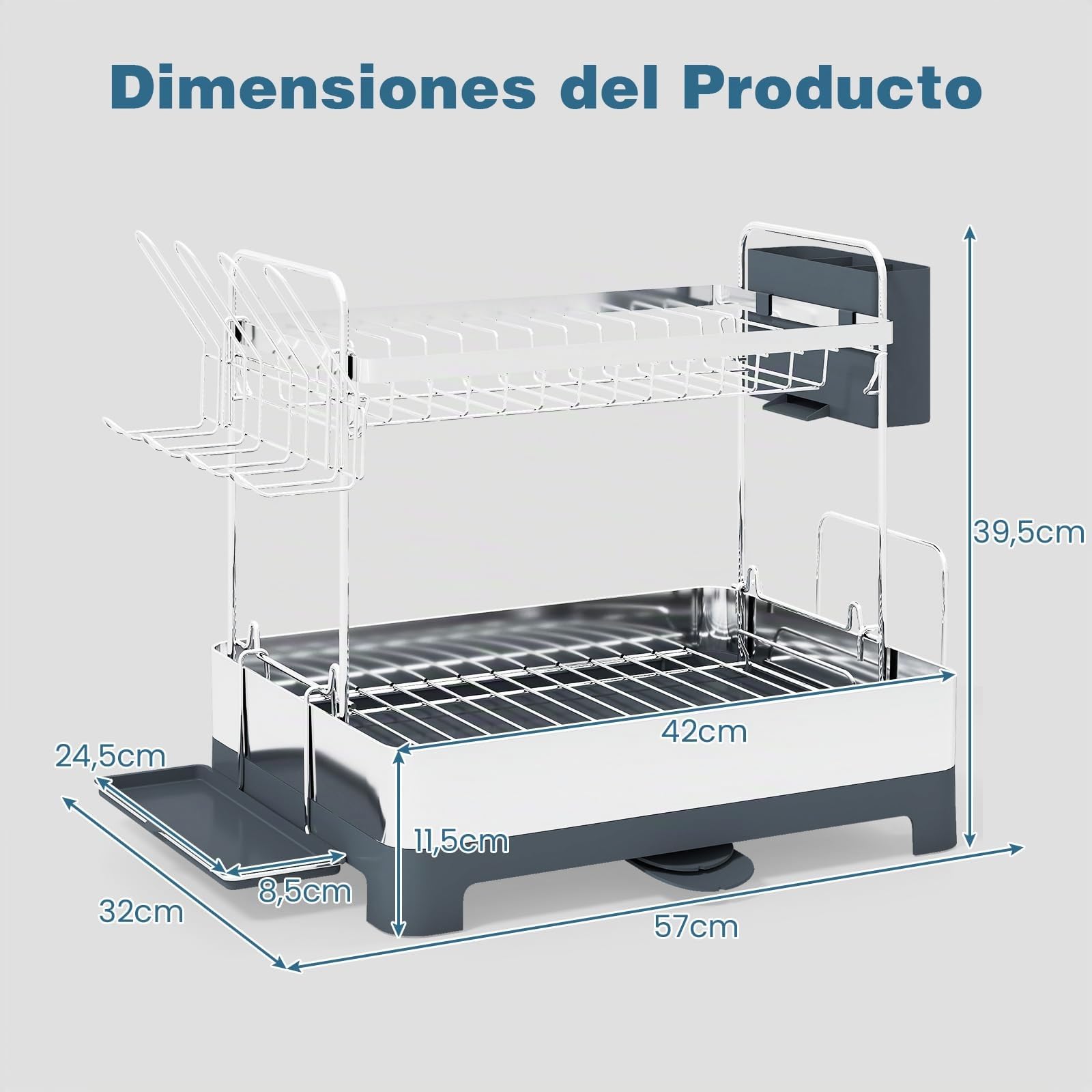 COSTWAY Escurreplatos de Acero Inoxidable de 2 Niveles, Escurreplatos sobre Fregadero con Soporte para Utensilios y Tabla de Cortar, Estante de Secado de Platos con Drenaje Giratoria Extensible