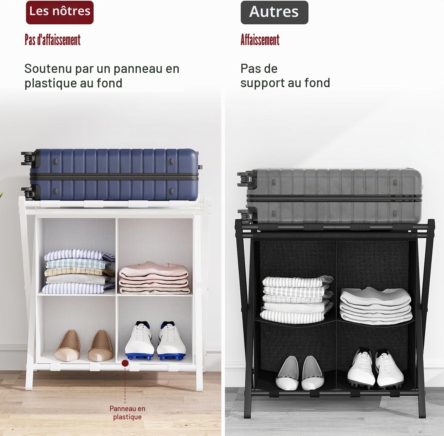 Lot de 2 porte-bagages pliables avec compartiments de rangement, pour chambre d'amis, chambre à coucher, hôtel, bagages de voyage (blanc)