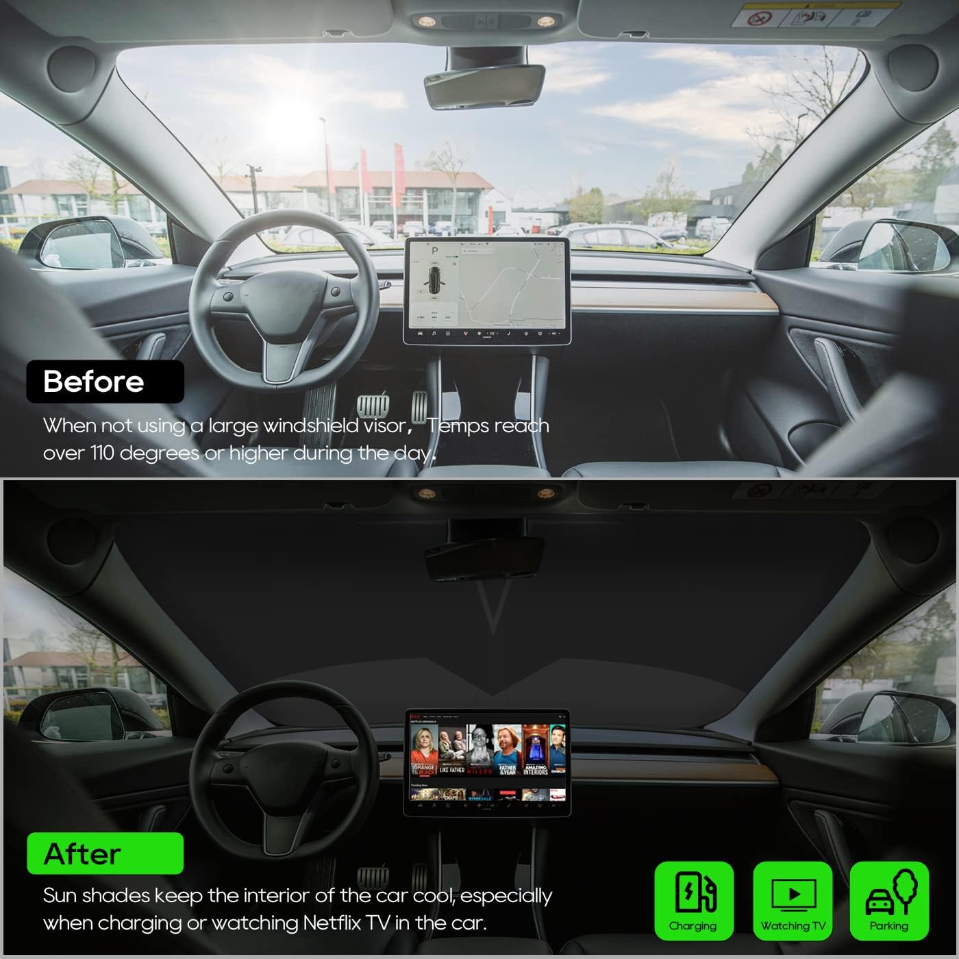 Black Windshield Sunshade for Tesla Model 3 & Model Y, Full-Size Front Sun Visor Blocks UV & Heat, Quick-Fold Car Sun Shade with Storage Bag, Interior Protector Accessories(BW-Model 3-Y)