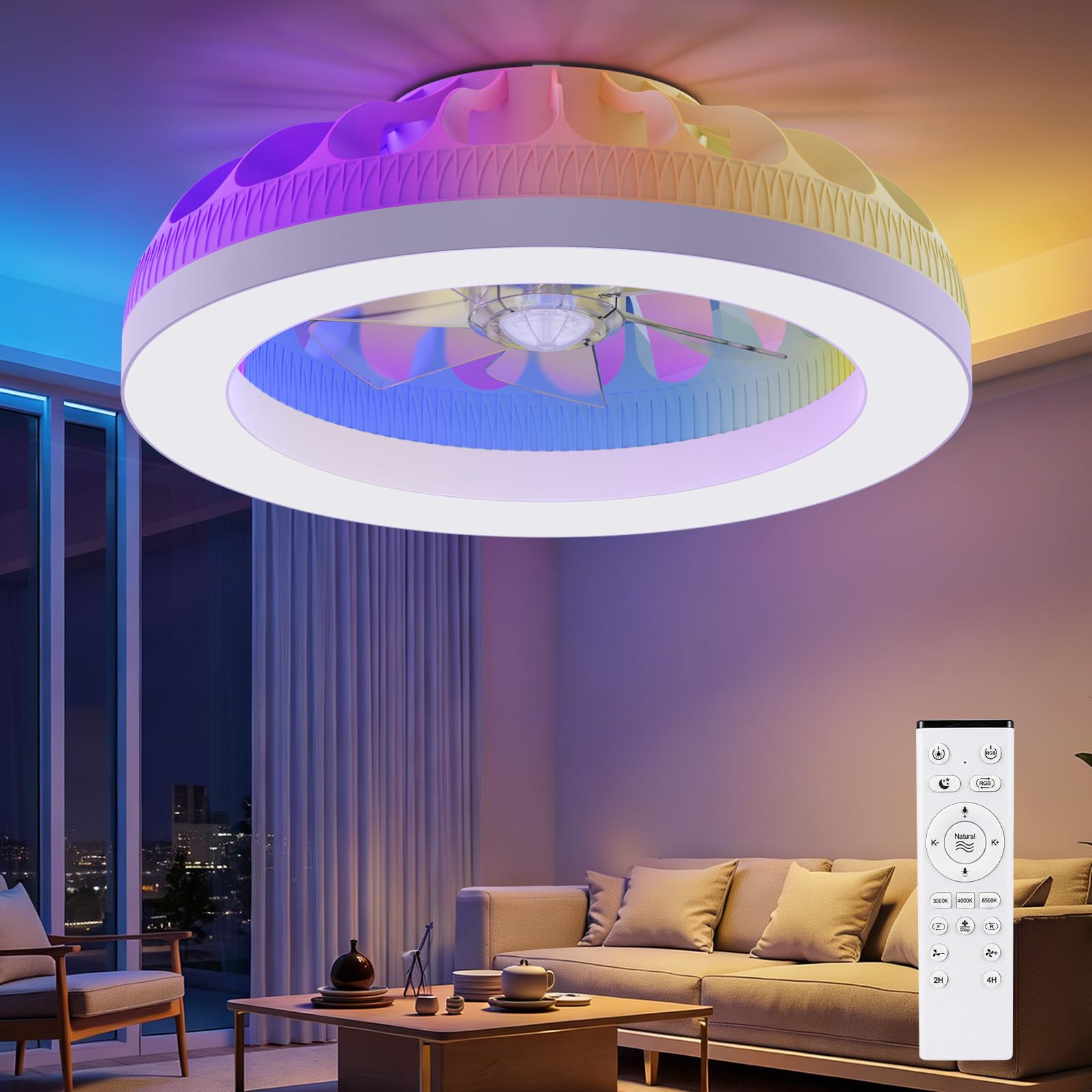 Ateroll Deckenventilator mit Beleuchtung, Ø48CM RGB Deckenventilator mit Licht und Fernbedienung, 6 Windstufen Leise Deckenlampe mit Ventilator, Dimmbare Timer LED Deckenventilatoren für Schlafzimmer