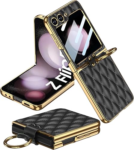 Miimall Funda de piel compatible con Samsung Galaxy Z Flip 5 5G 2023 con soporte de anillo de metal, a prueba de golpes y caídas Funda protectora de
