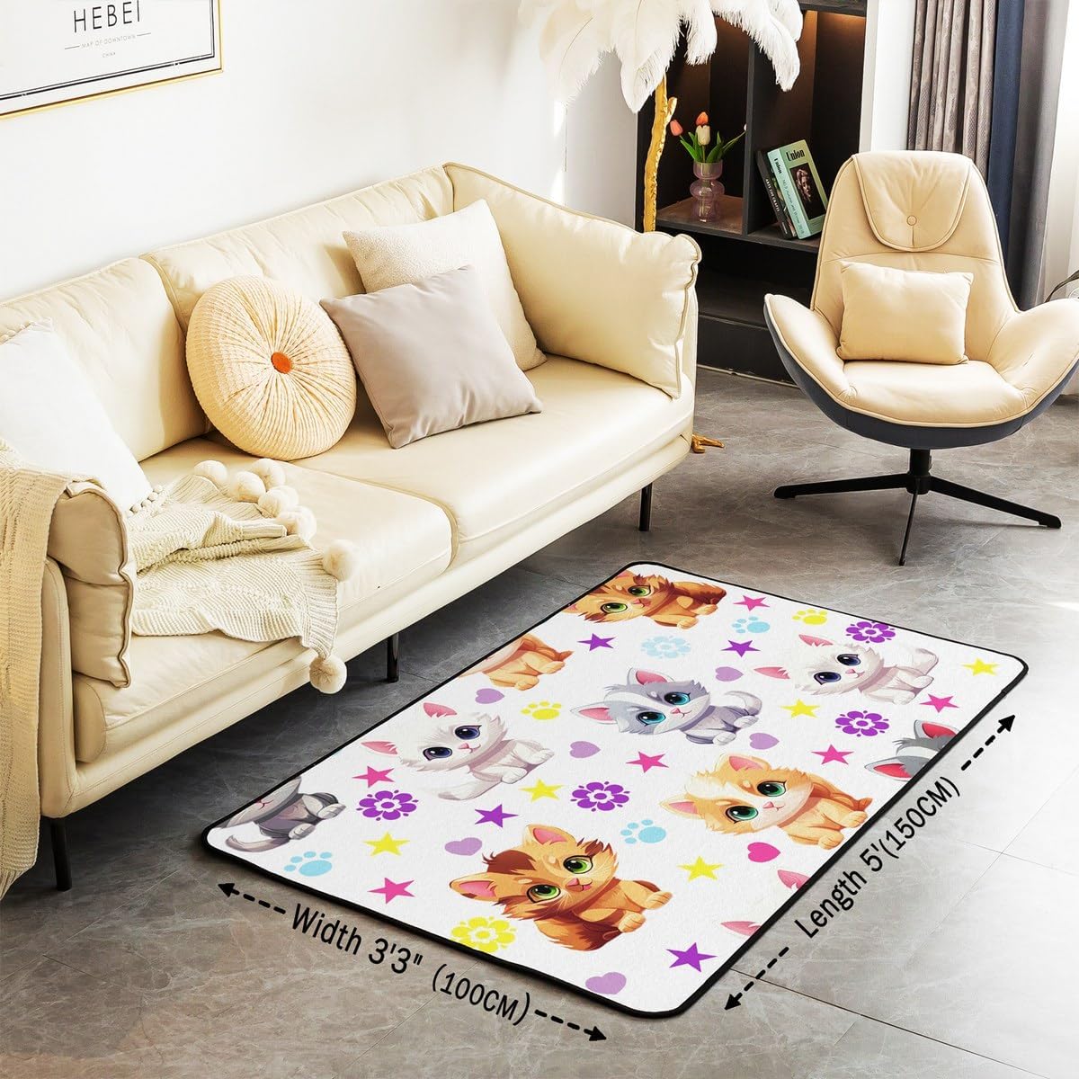Lovely Kitten Area Rug 100cm X 150cm X 1cm Colorful Stars Cartoon Paw Print Indoor Floor Mat for Kids Boys Girls Teens Watercolor Cats Cute Animals Non Slip Rug for Bed Office Sofa