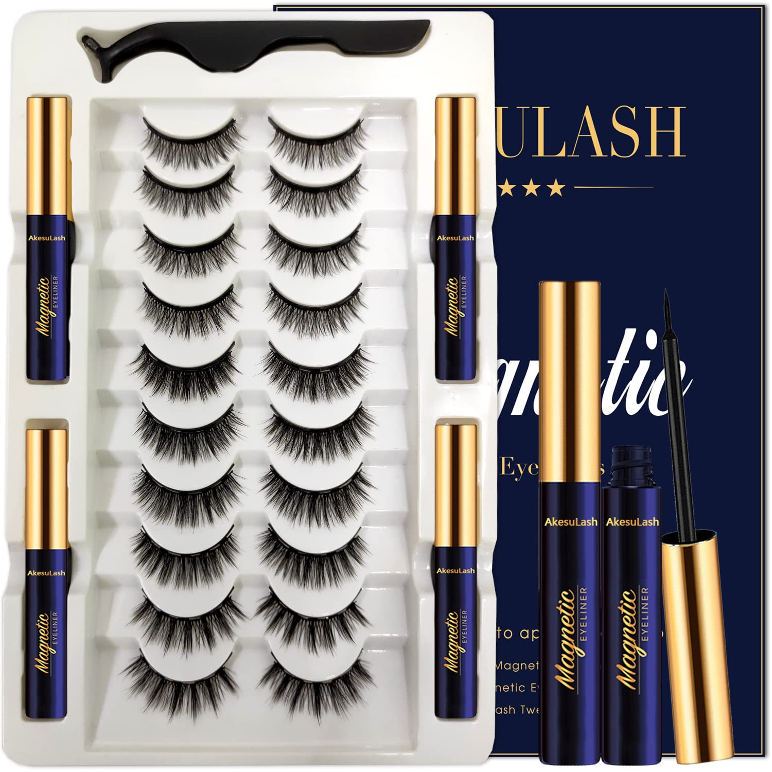 AkesuLash Magnetic Eyelashes Natural Look - Magnetic Lashes with 4 Tube of Magnetic Eyeliner - 10 Pairs Mangetic False Eyelashes Kit with Applicator -
