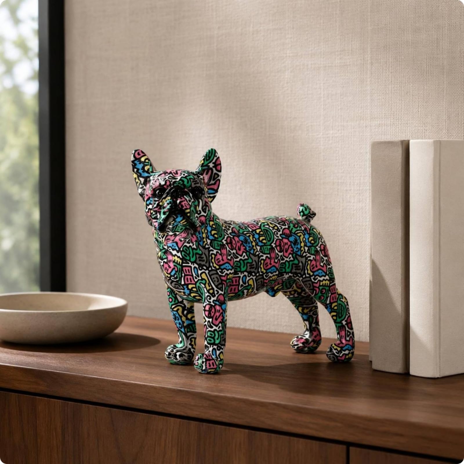 Gralara Scultura Decorativa Cane Francese Statua Cane Ornamentale Figurina Cane Resina Aspetto Creativo Accattivante Rinnova L Ambiente Adatta per Soggiorno, Stampa Leopardata
