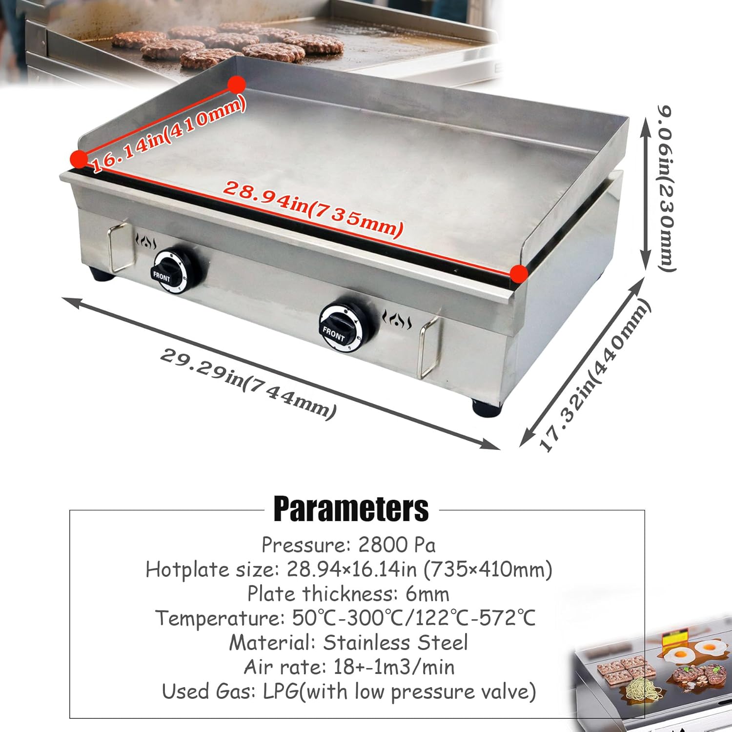 INTSUPERMAI Commercial Grill Griddle LPG Countertop Griddle Flat Top Grill Hot Plate Stove Stainless Steel Teppanyaki Grill Plate Size 28.94×16.14inchfor Restaurant Kitchen Camping Outdoor BBQ 2800Pa