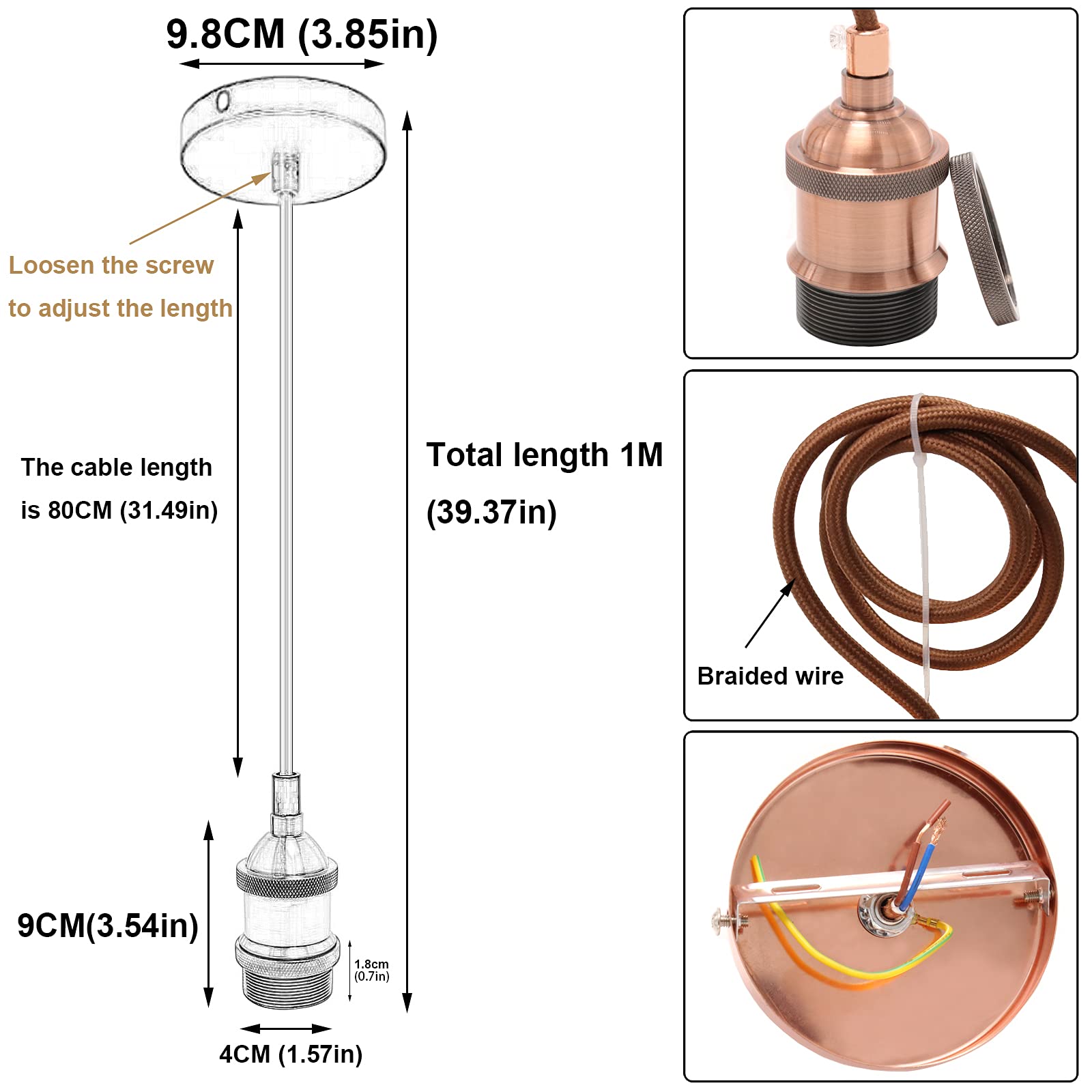 Metall Lampenaufhängung E27 – Pendelleuchte Mit 100 Cm Kabel, Einstellbarer Länge, Für Edison-Birnen Bis 60W, In Silber, Rotgold Oder Bronze