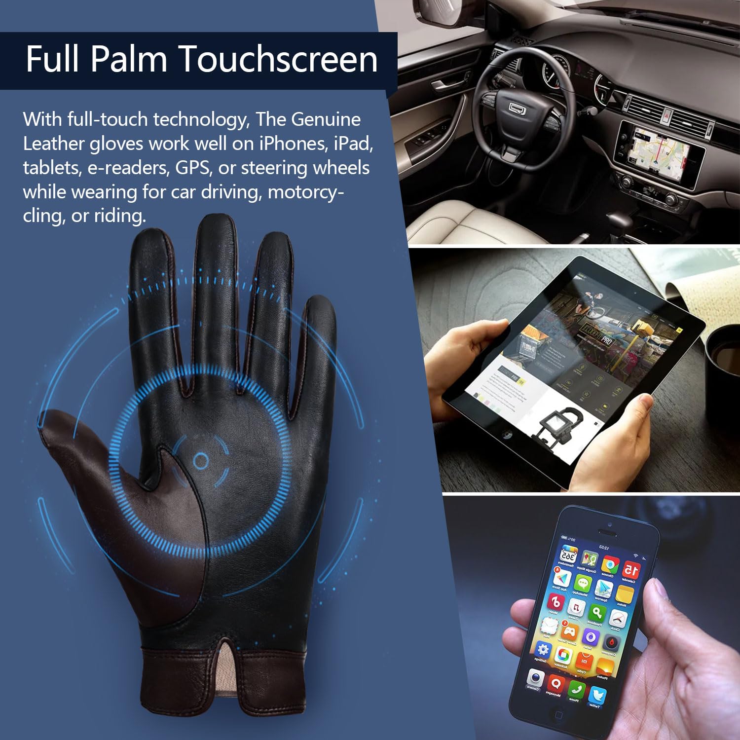 GSG SINCE 1998 Guantes Piel Hombre y Cuero – Cuero Auténtico Sin Cromo, Compatibles con Pantalla Táctil, Guantes de Invierno para Conducir con Forro de Cachemira M180807