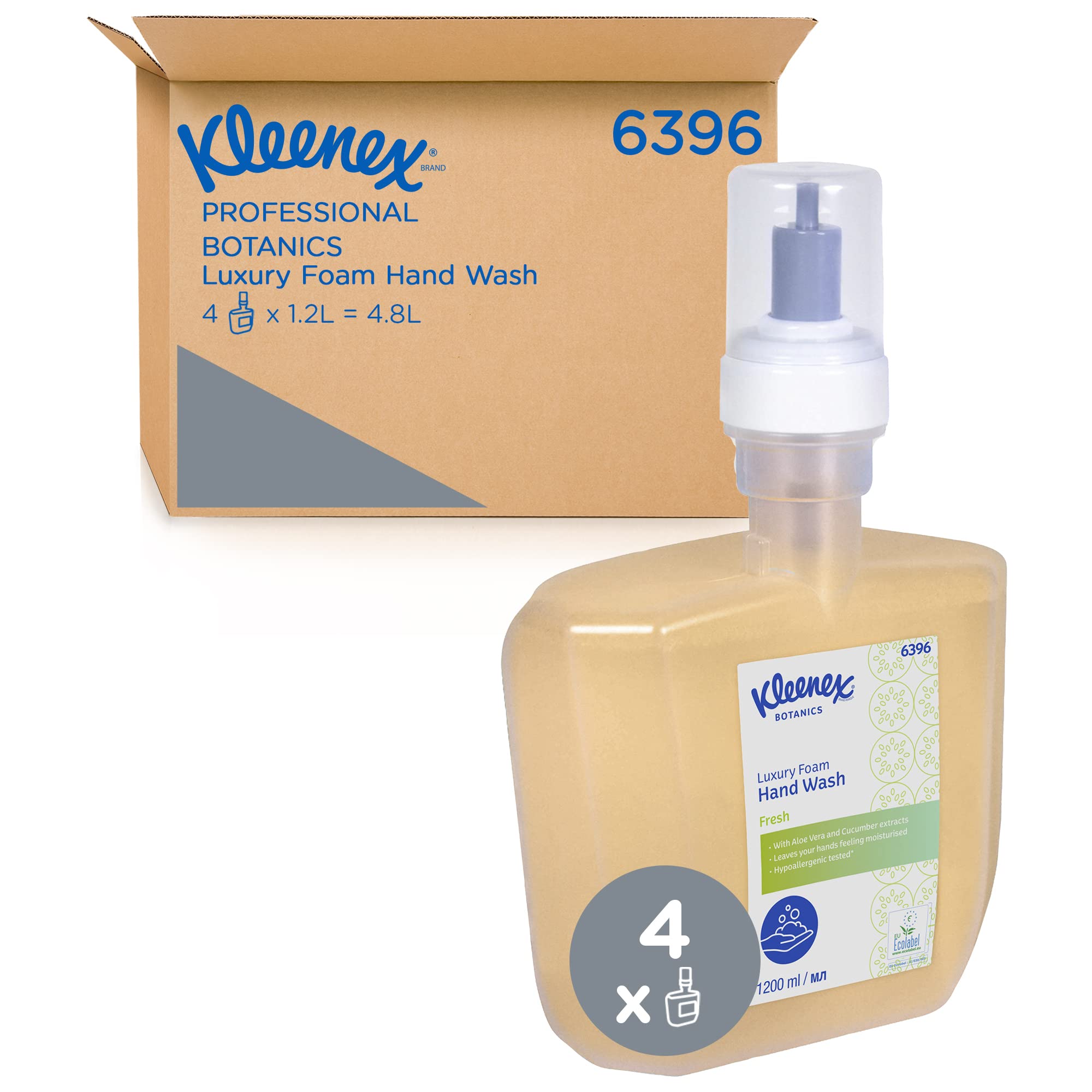 Kleenex Jabón de manos en espuma de lujo Botanics Fresh 6396 – Jabón de manos en espuma perfumada – 4 recambios de 1,2 litros con limpiador de manos incoloro (4,8 litros total)